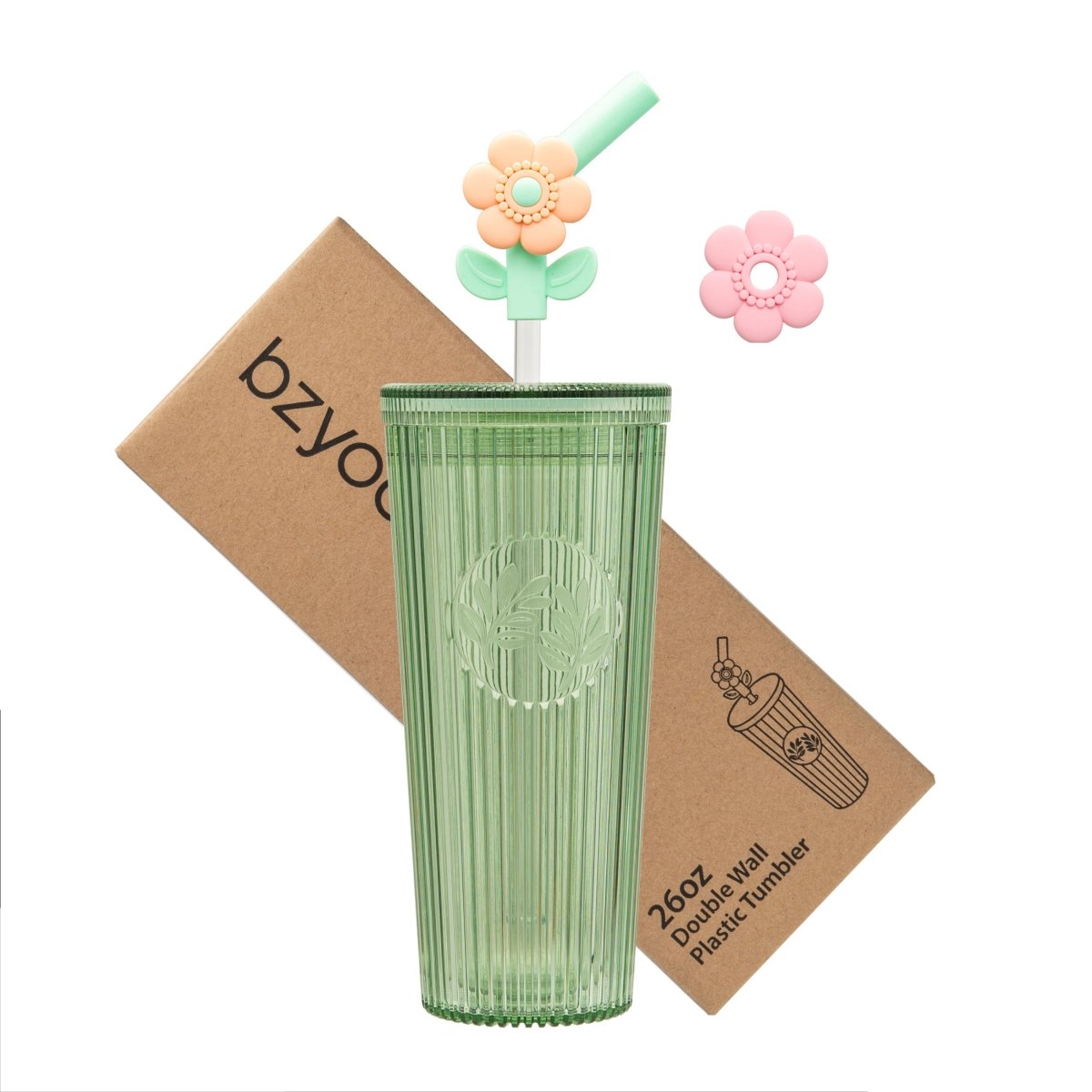 26oz Insulated Tumbler with Straw & Leak-Proof Lid - Cute Floral Silicone Straw Tips in Botanica Green - Perfect for Iced Coffee, Smoothies & Outdoor Activities