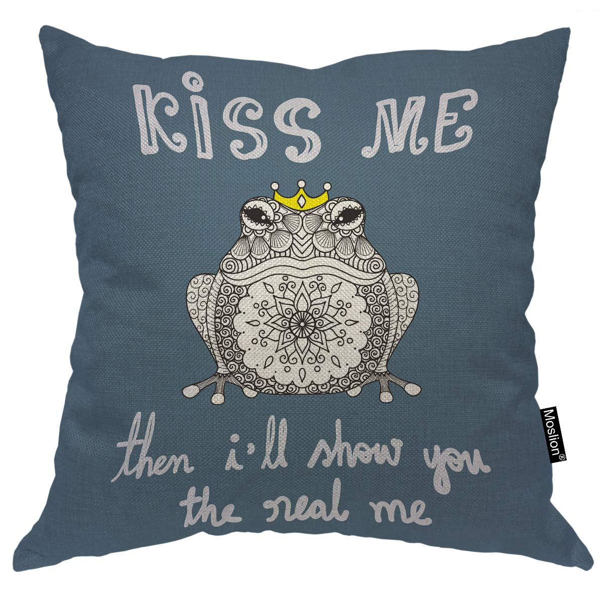 Cute Frog Prince Throw Pillow Cover 18x18 Inch - Funny Animal Frog with Crown & Mandala Wave Design - Decorative Square Cotton Linen Pillow Case for Sofa, Bedroom, Nursery - Blue White Home Accent