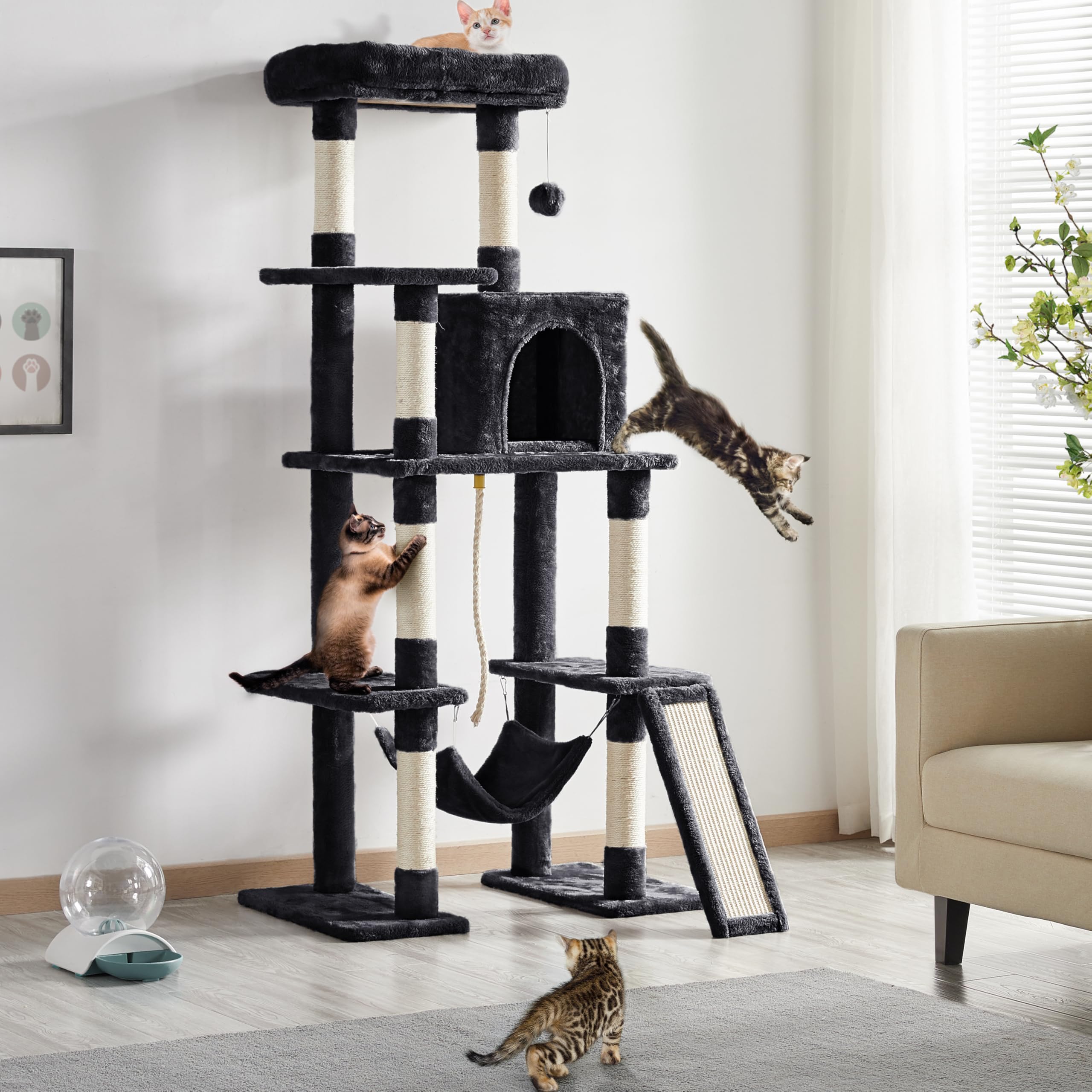 Yaheetech 63in Multi-Level Cat Tree Tower for Indoor Cats - Tall Cat Climbing Furniture with Sisal-Covered Scratching Posts, Condo & Perches - Durable Cat Activity Center for Kittens & Adult Cats (Black, Large) - Perfect for Small Spaces, Apartments & Play Areas