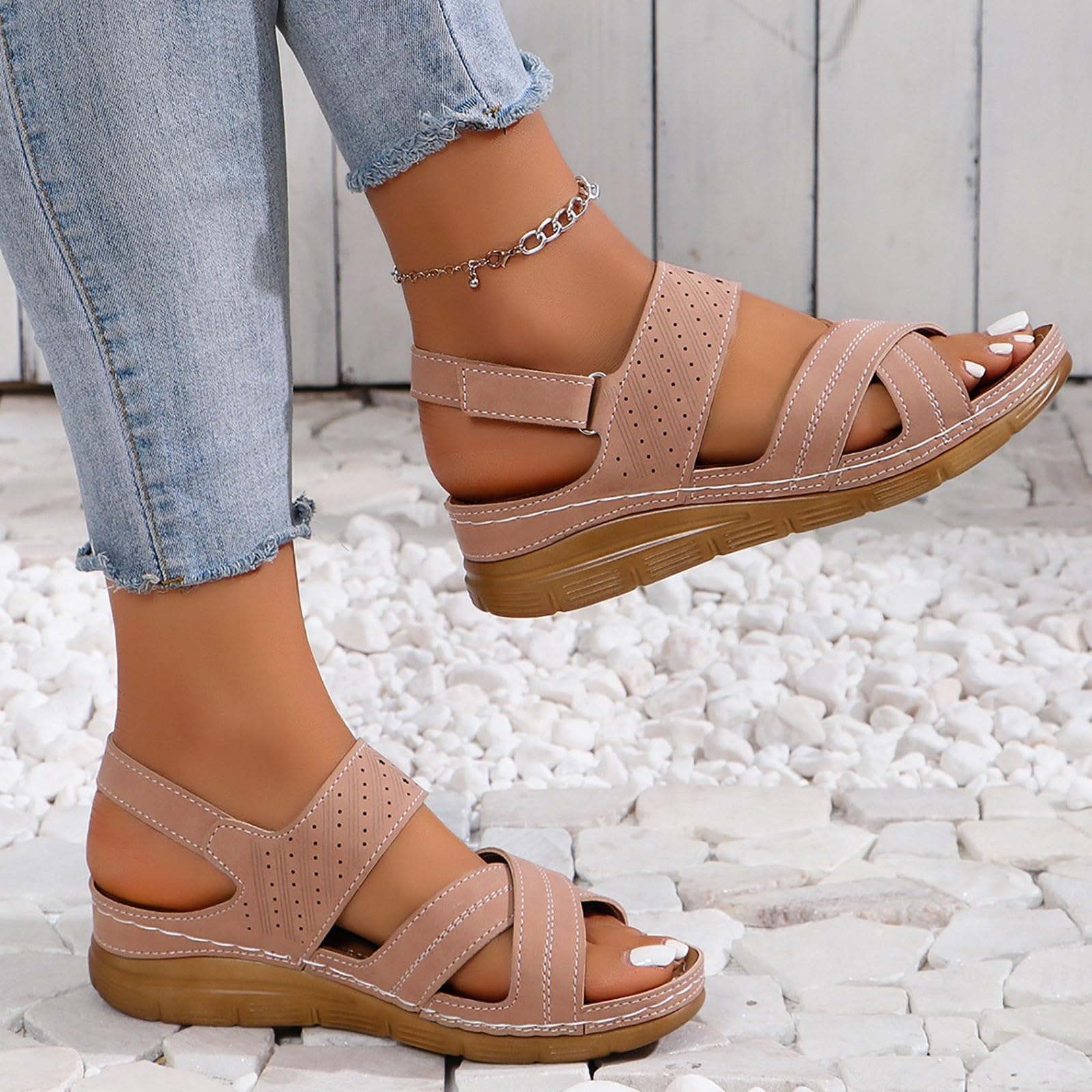 TUQIDEWU Women's Wedge Sandals with Arch Support - Dressy Bohemian Open Toe Cross Strap Comfort Sandals for Summer | Perfect for Beach Vacations, Date Nights & Outdoor Weddings