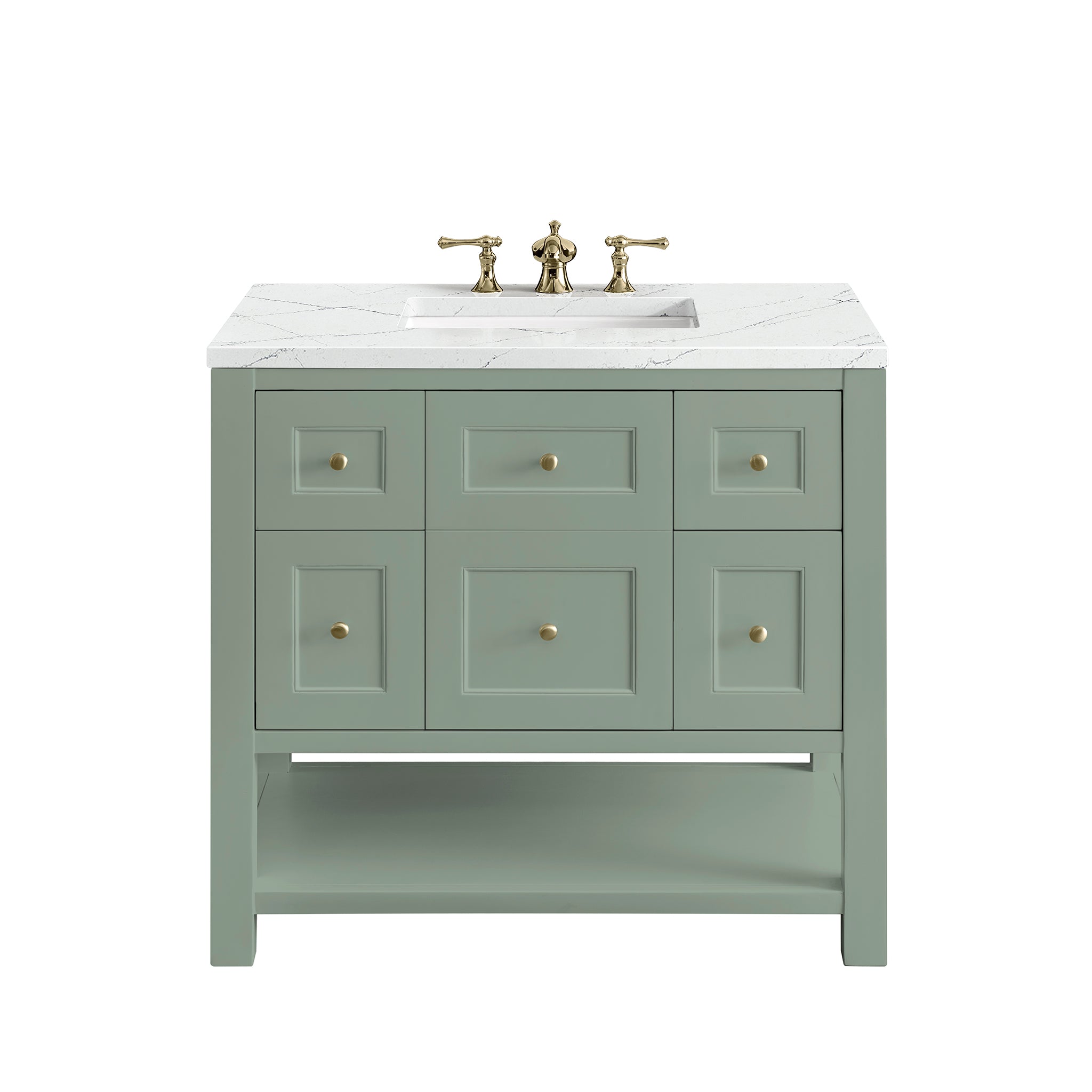 Breckenridge 36 Inch Single Bathroom Vanity with Smokey Celadon Finish and 3CM Ethereal Noctis Quartz Top - Perfect for Modern Home Bathroom Renovation and Space-Saving Design