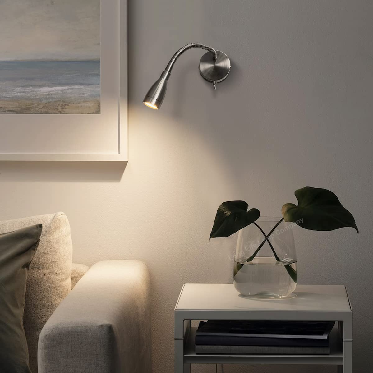 Long Life Lamp LED Bedside Reading Light - Wall Mounted, Flexible Arm, Brushed Chrome, 3000k Warm White, H3049 - Perfect for Nighttime Reading and Relaxation