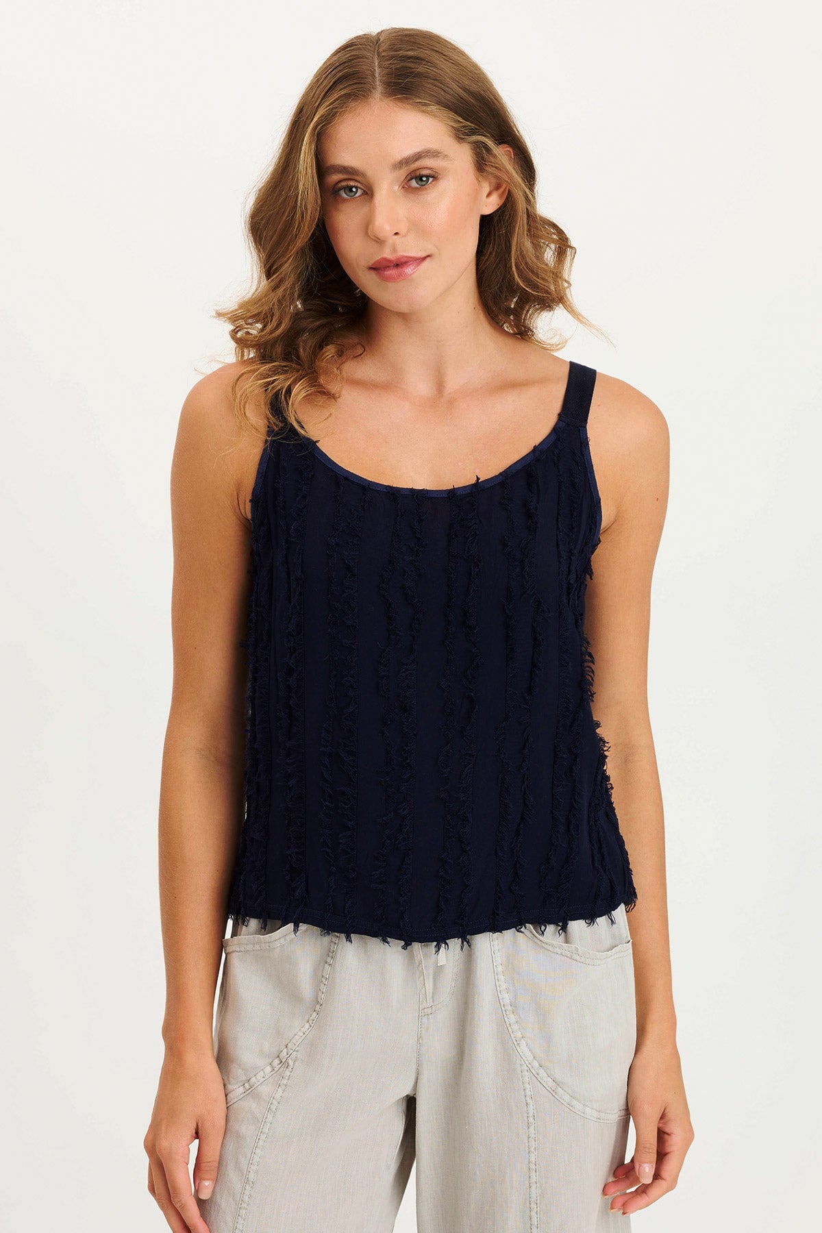 Haddon Stripe Voile & Jersey A-Line Tank Top for Women - Lightweight Summer Blouse, Casual Wear, Beach Cover-Up, and Layering Staple