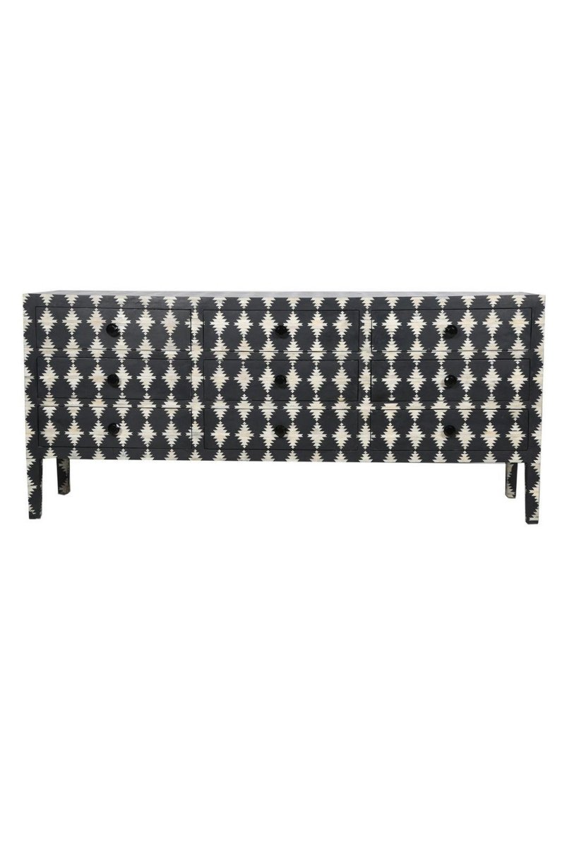 Handmade Bone Inlay 9-Drawer Chest | Vintage Boho Dresser for Bedroom & Living Room | Solid Wood Storage Furniture with Intricate Carvings | Perfect for Home Decor, Organizing Clothes & Jewelry