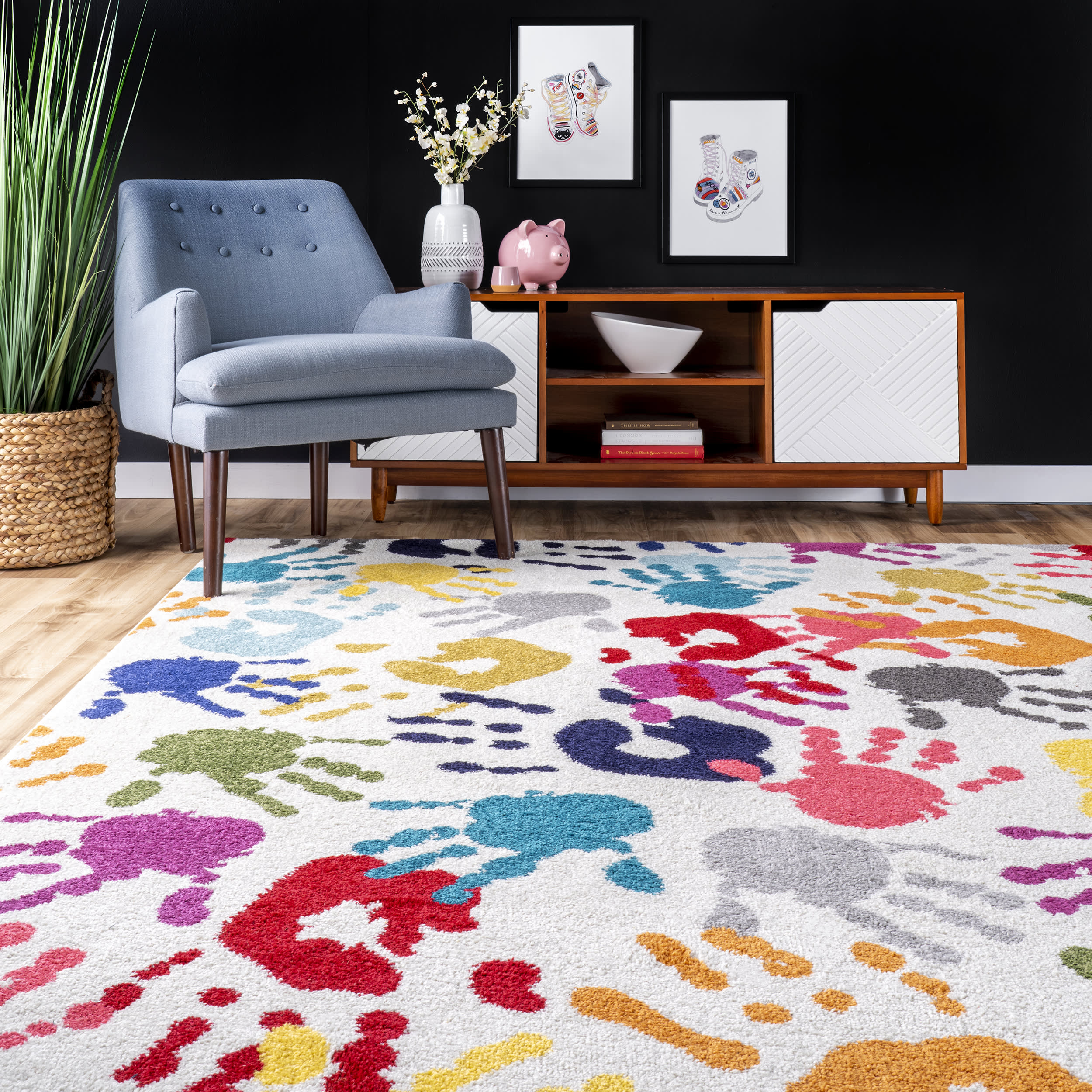 Colorful Handprint Collage Rug - Soft Kids Playroom Rug for Nursery, Bedroom & Play Areas - Non-Slip Floor Mat for Toddlers