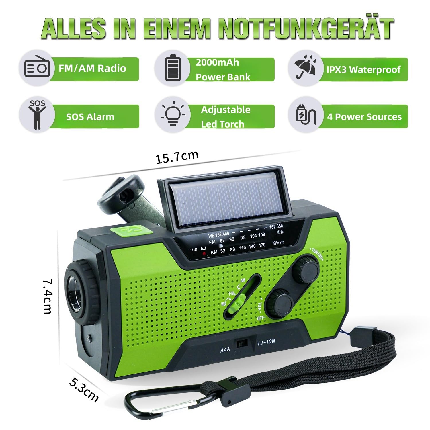 iRonsnow Emergency Weather Radio - Solar Hand Crank Portable AM/FM NOAA Radio with SOS Alarm, 2000mAh USB Phone Charger, Reading Lamp & Flashlight for Camping, Hiking, Power Outages and Emergency Preparedness