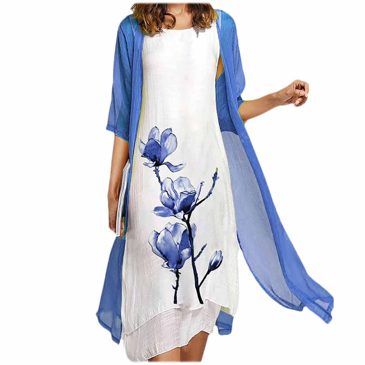 Neoucdy Women's Floral Ink Painting Print Round Neck Short Sleeve Summer Dress with Cover Up - Perfect for Beach Vacation, Casual Outing and Boho Style Fashion