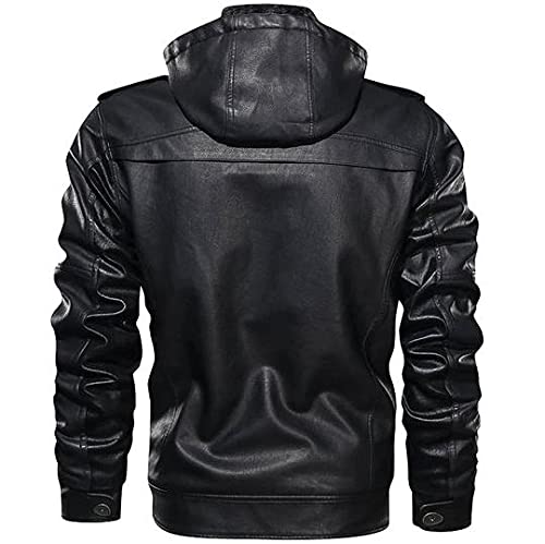 Men's Real & Faux Leather Motorcycle Jacket with Hood - Biker Style Full Zip Jacket for Riding & Casual Wear