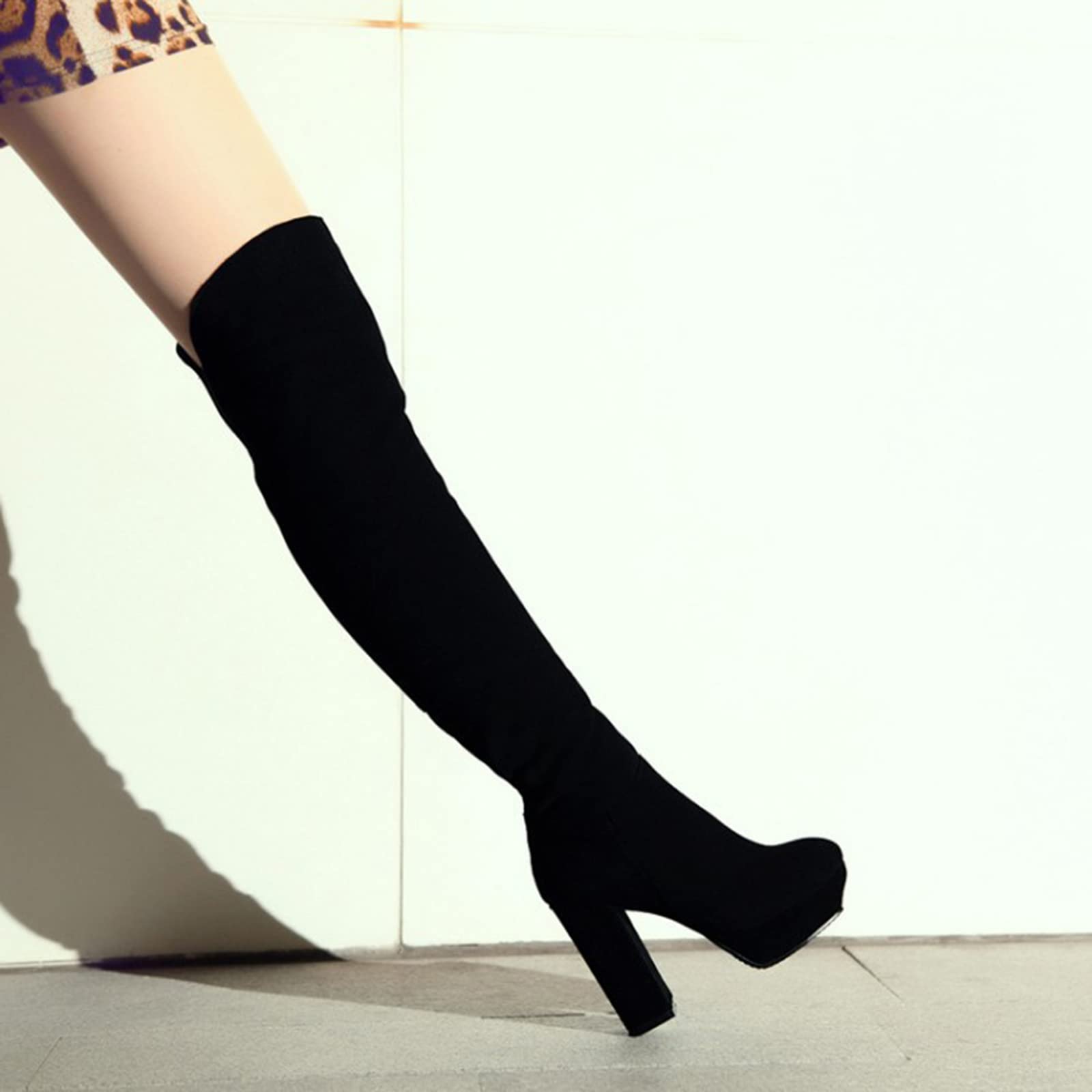 Genuine Leather Over-The-Knee Boots for Women - 11.5CM Chunky Heels, Nubuck Cowhide, Black Leg Trim - Perfect for Fall Fashion, Night Out & Winter Styling