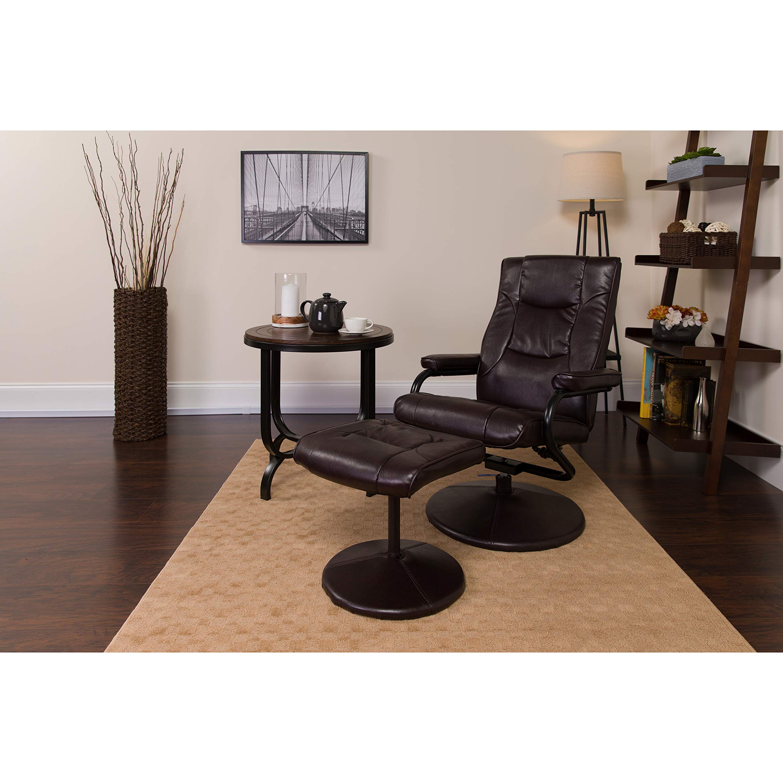 EMMA + OLIVER Modern Recliner Chair with Ottoman - Adjustable Multi-Position Brown Leather Sofa for Living Room, Home Theater & Office Comfort