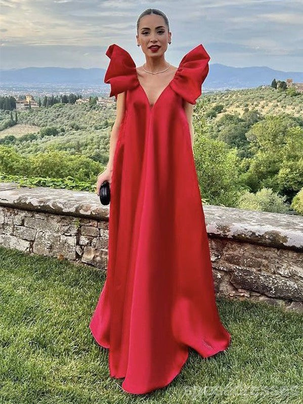 Elegant Red A-Line V-Neck Maxi Long Party Prom Evening Dresses for Women - Perfect for Formal Events, Weddings & Special Occasions
