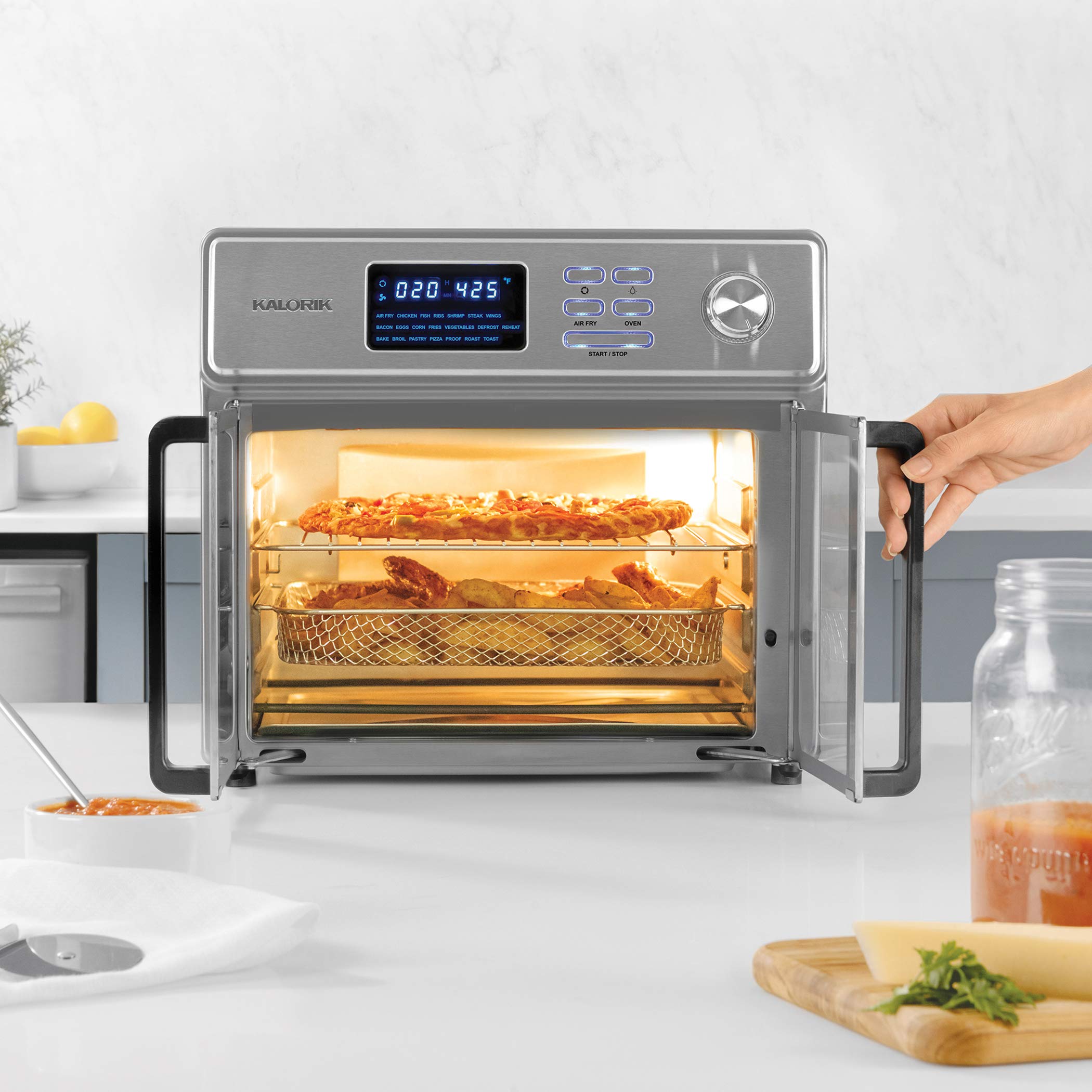 Kalorik 26 QT Digital Maxx Air Fryer Oven - 7-in-1 Multi-Function Countertop Convection Oven with Rotisserie, Dehydrator, Toaster & Slow Cooker | Includes Cookbook | 500°F Fast Heating | Extra Large Capacity Stainless Steel Appliance | Perfect for Family Cooking, Meal Prep & Healthy Air Fried Recipes (Model AFO 47269 SS)