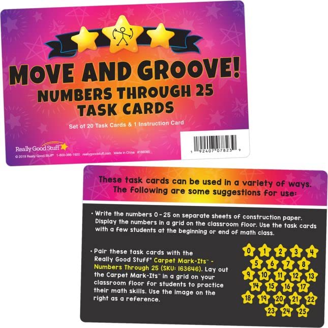 Really Good Stuff Carpet Mark-Its Move and Groove! Numbers 1-25 Task Cards Kit - 26 Carpet Spots & 20 Activity Cards for Classroom Math Games and Movement Learning