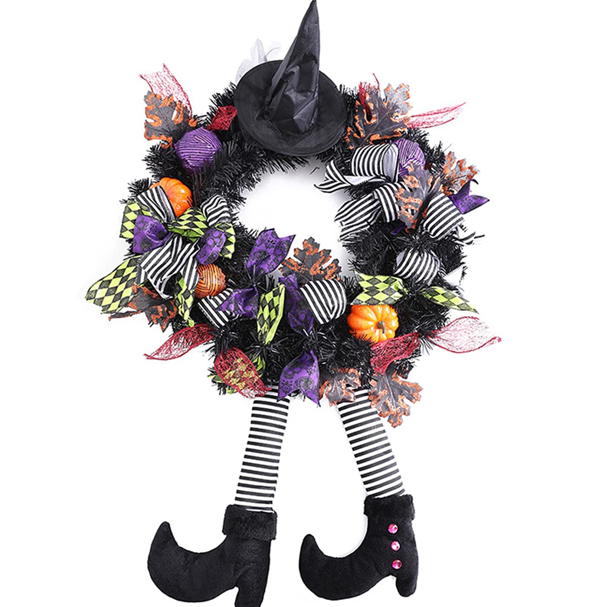 SHENGDASI 40 Inch Halloween Witch Wreath with Hat & Legs - Artificial Maple Leaf Pumpkin Door Wreath for Halloween Decorations - Perfect for Front Door, Porch, and Indoor Halloween Party Decor