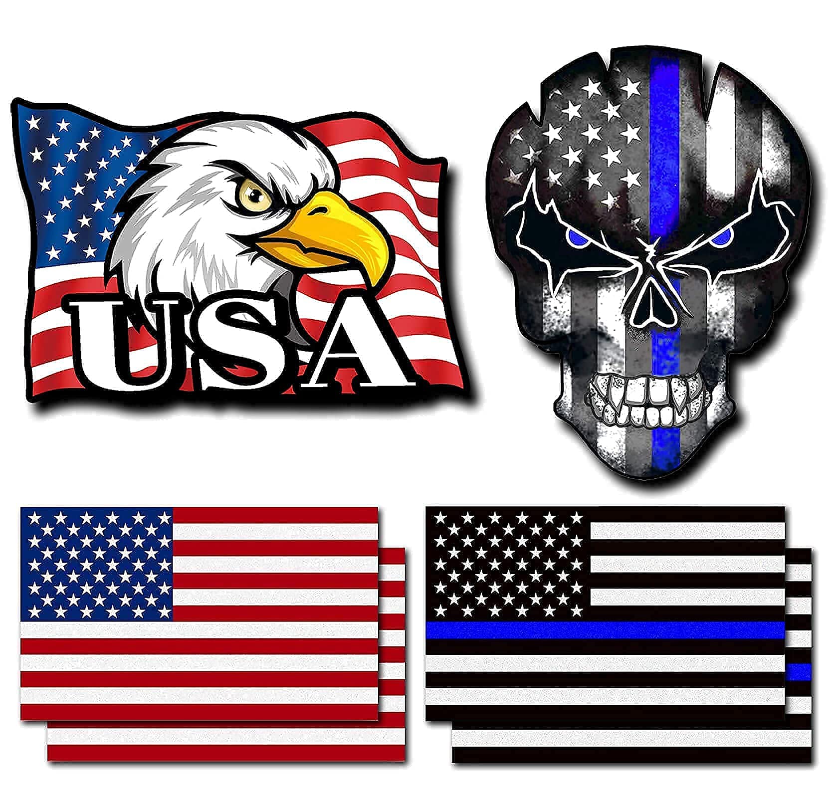 6 Pack Patriotic Reflective Car Decals - American Flag Stickers, Thin Blue Line, Skull Tattered & Bald Eagle Designs - Waterproof Vinyl Decals for Cars, Trucks, Laptops & Windows (US Flag Collection)