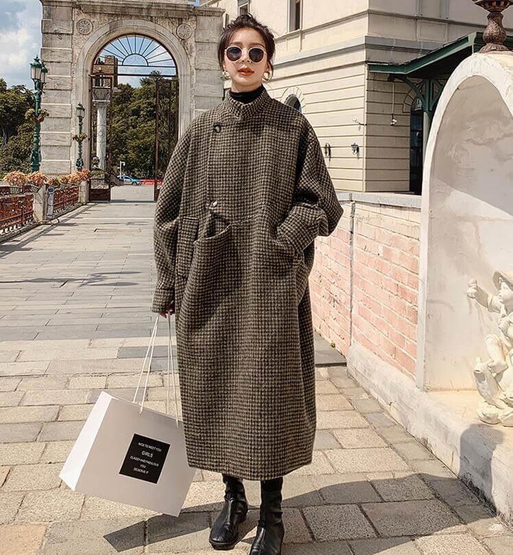 Women's Brown Plaid Maxi Wool Coat with Long Sleeves - Warm Winter Fashion for Outdoor, Office & Holiday Parties