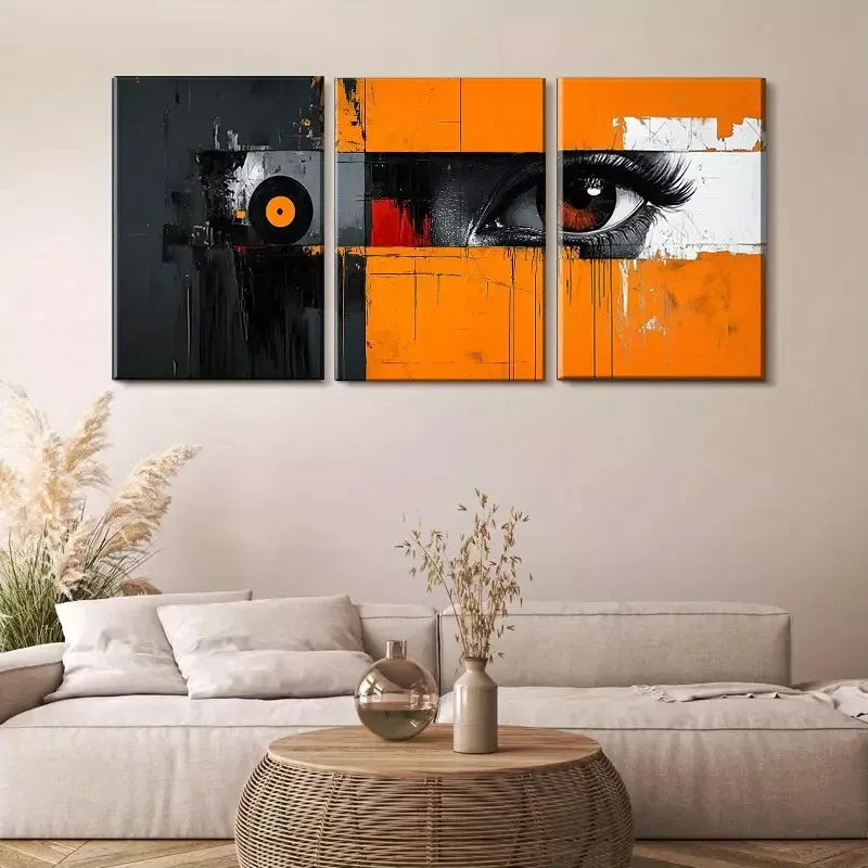 3-Piece Bold Abstract Street Art Eye Vinyl Records Wall Art Set - Framed Canvas 50x70cm - High Quality Print - 100% Australian Made - Ready to Hang - Perfect for Living Room, Bedroom & Office Decor