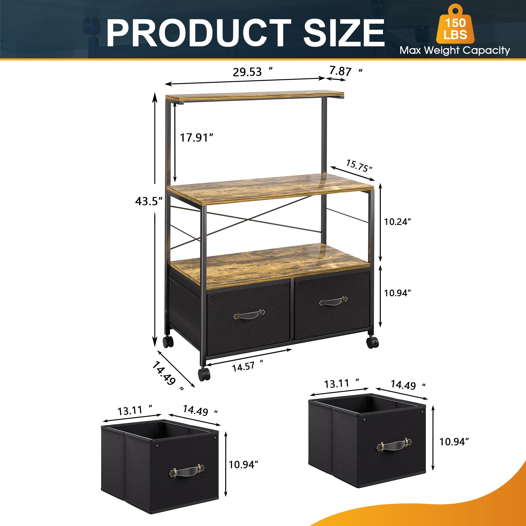 VECELO Large Mobile Printer Stand with 3-Tier Shelf & 2 Drawers - Heavy Duty File Cabinet on Wheels for Home Office Organization (Letter Size, Brown) - Perfect for Printer Storage, File Management & Workspace Organization