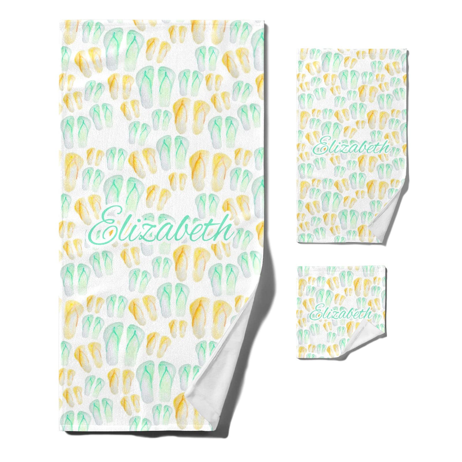 **Personalized Beach Towels Set of 3 - Custom Name Summer Flip Flop Design, Quick Dry, Multipurpose - 1 Bath Towel + 1 Hand Towel + 1 Washcloth - Perfect for Beach, Pool, Bathroom & Sun Protection**