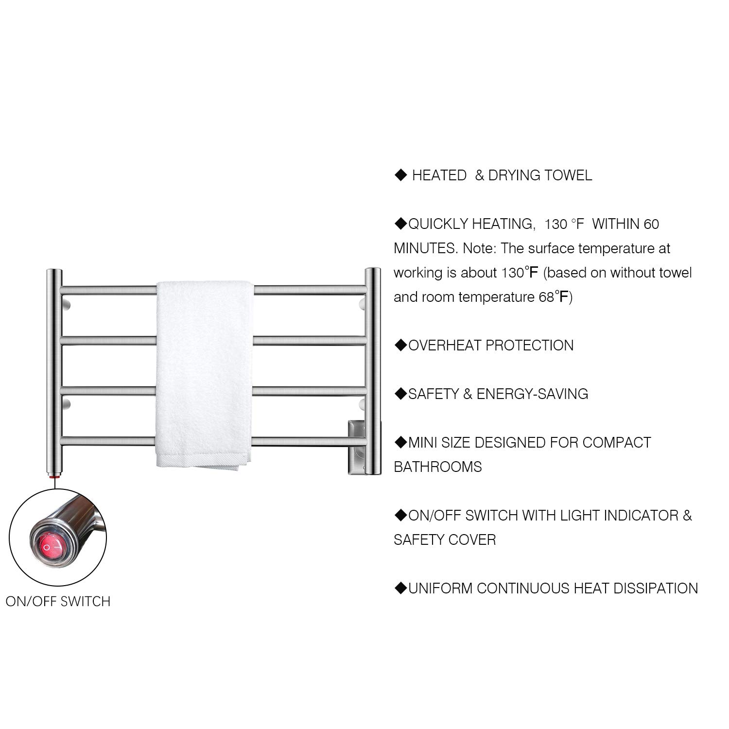HEATGENE 4 Bar Wall-Mounted Electric Towel Warmer & Dryer - Brushed Stainless Steel - Perfect for Bathroom, Spa, and Luxury Home Use