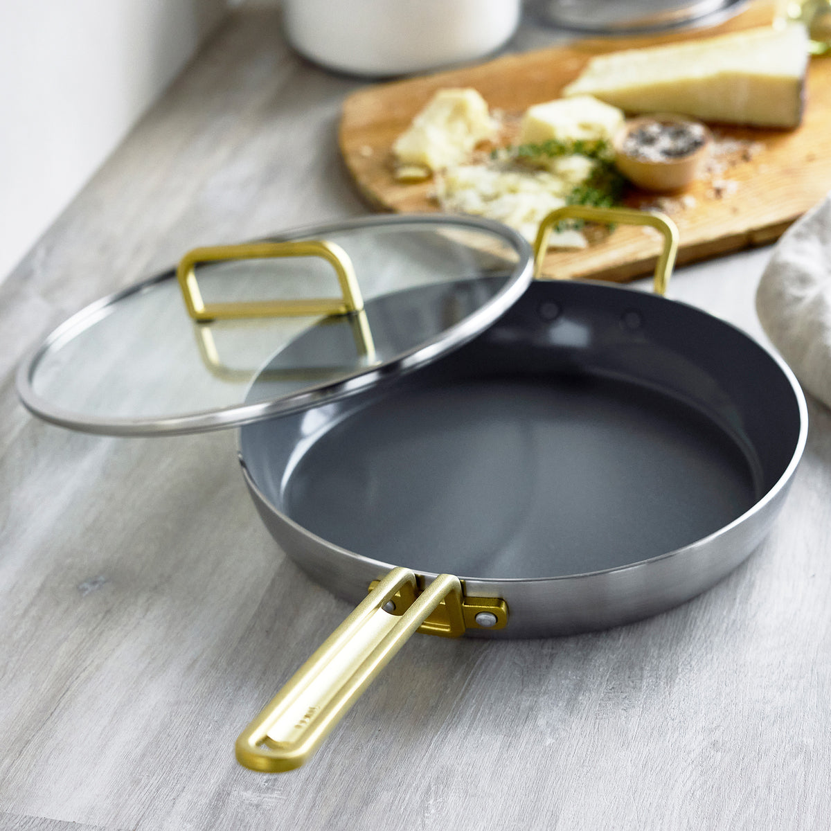 Stanley Tucci™ 4-Piece Stainless Steel Ceramic Nonstick Fry Pan Set with Champagne Handles & Free Tucci Cookbook – Perfect for Sautéing, Frying & Everyday Cooking