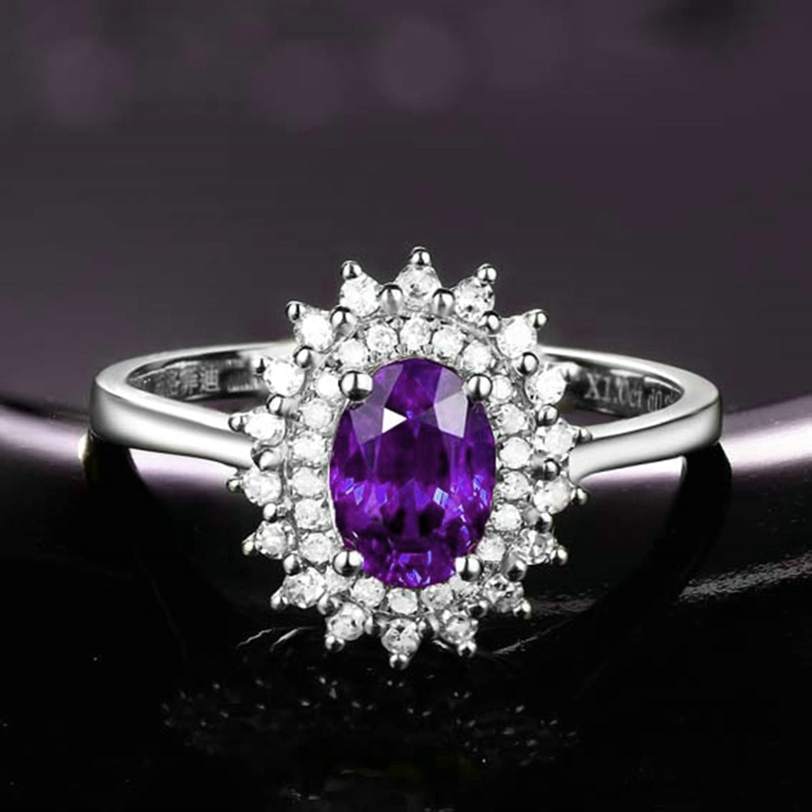 Aienid Sterling Silver Amethyst & Cubic Zirconia Rings for Women - Elegant Oval CZ Gemstone Ring | Perfect for Weddings, Anniversaries & Gift Giving