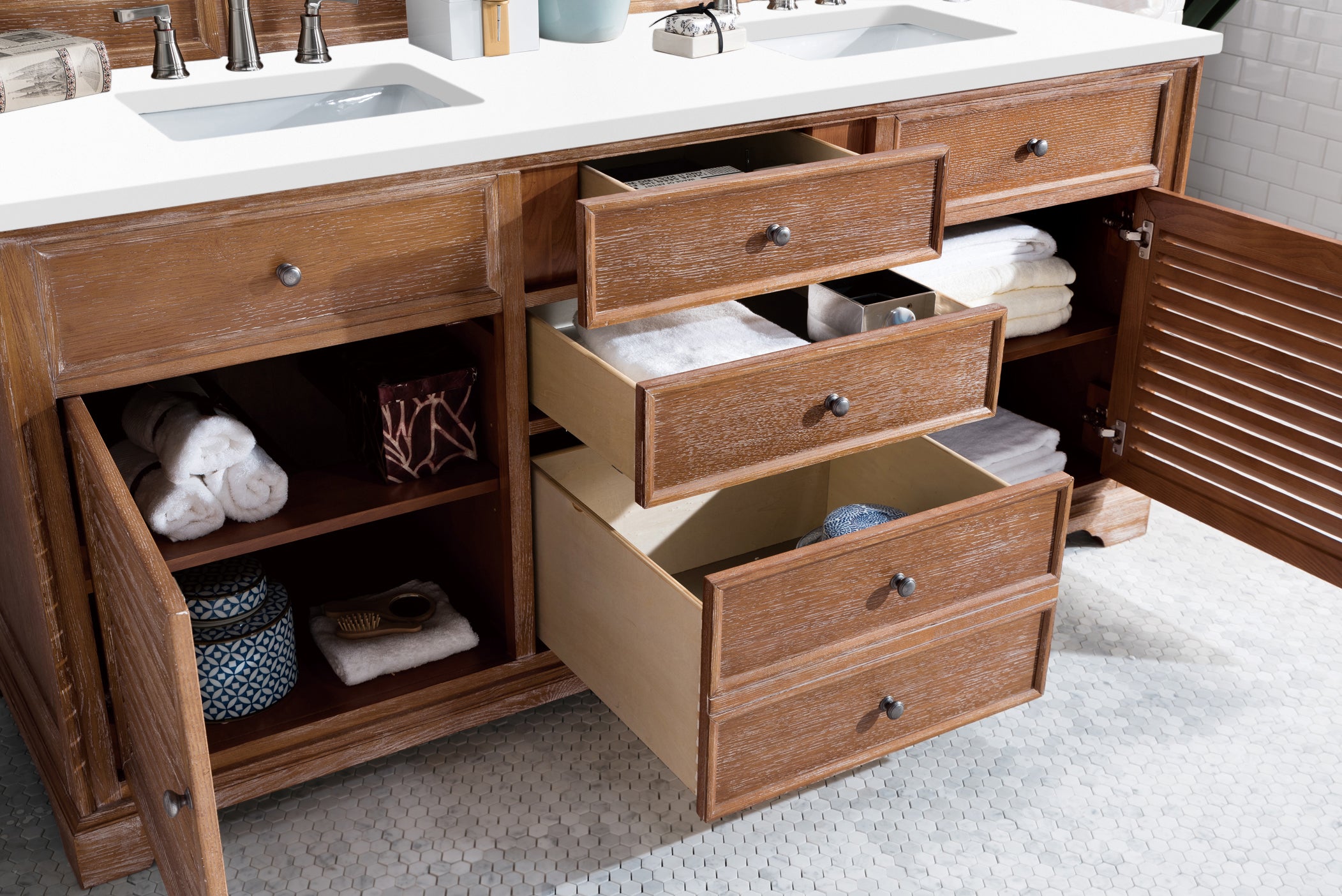 Savannah 72 Inch Double Vanity Cabinet in Driftwood Finish with 3CM Classic White Quartz Top - Perfect for Master Bathroom Renovation & Modern Home Decor