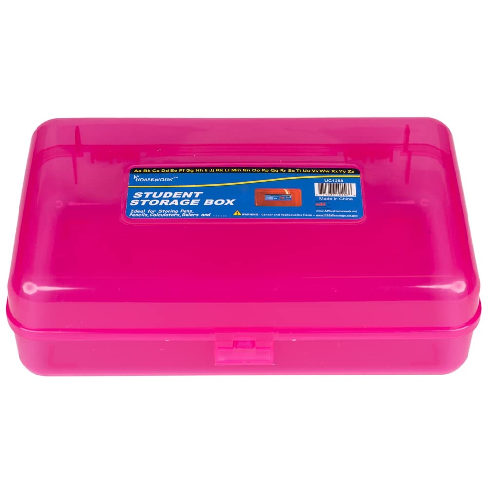 Craft County Clear Plastic Pencil Box - Colorful School & Office Supplies Organizer for Pens, Pencils, Art Tools - Perfect for Students, Teachers & Artists (Pink)