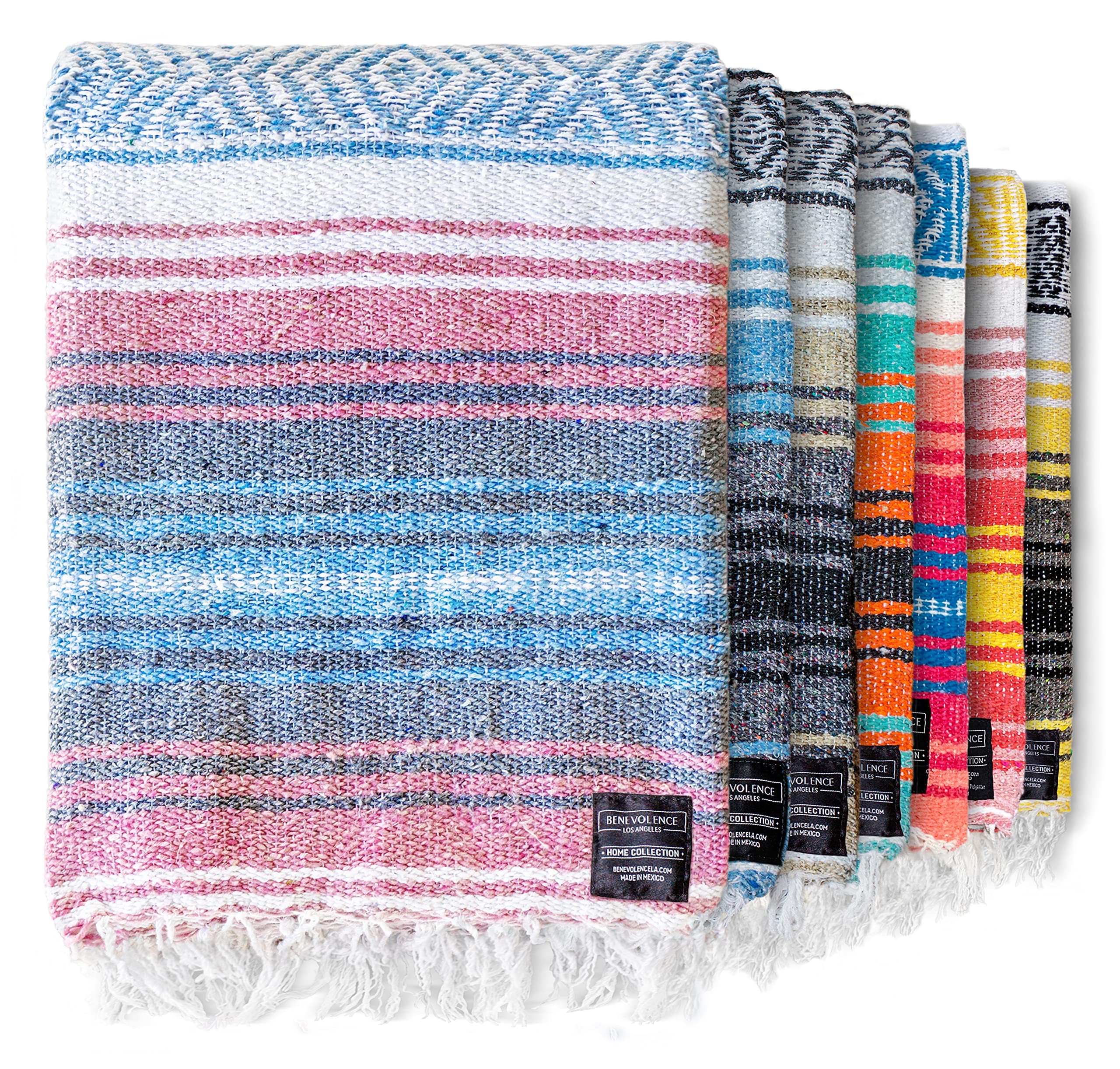 Authentic Mexican Handwoven Serape Blanket - Soft Woven Cotton Throw for Beach, Picnic, Yoga, Camping & Outdoor Activities - Perfect as Car Blanket & Home Decor (Azure Blue)