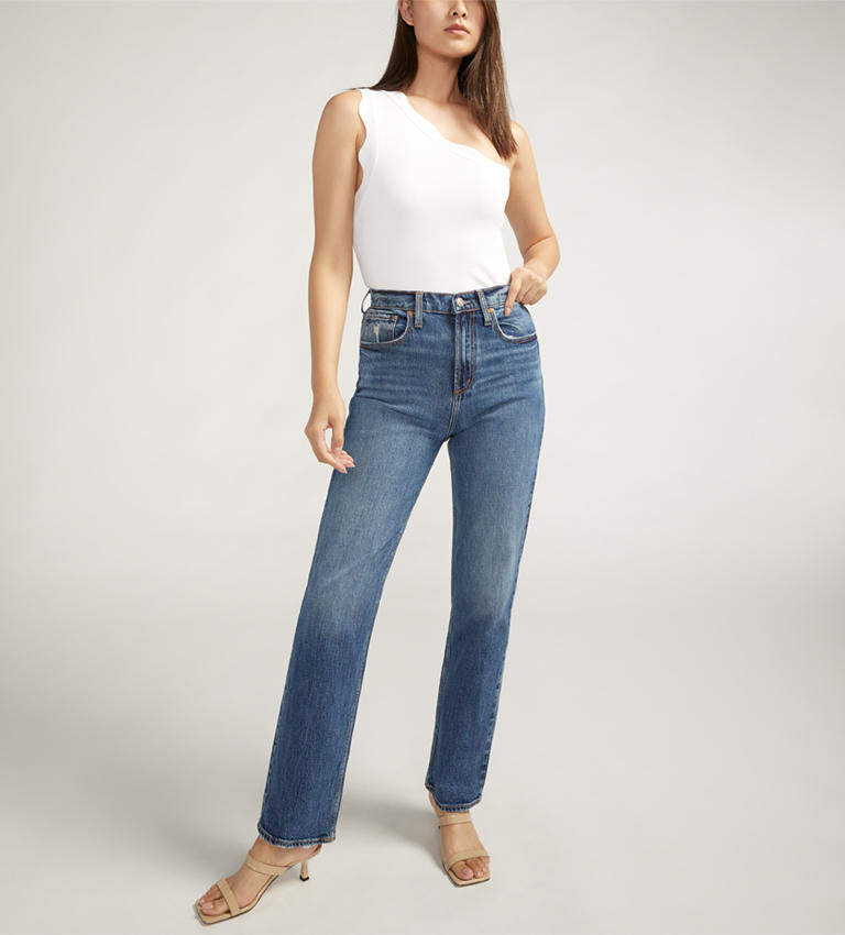 Silver Jeans Women's High Desirable Straight Leg Fall Indigo Denim Pants - Casual Everyday Wear & Office Outfits