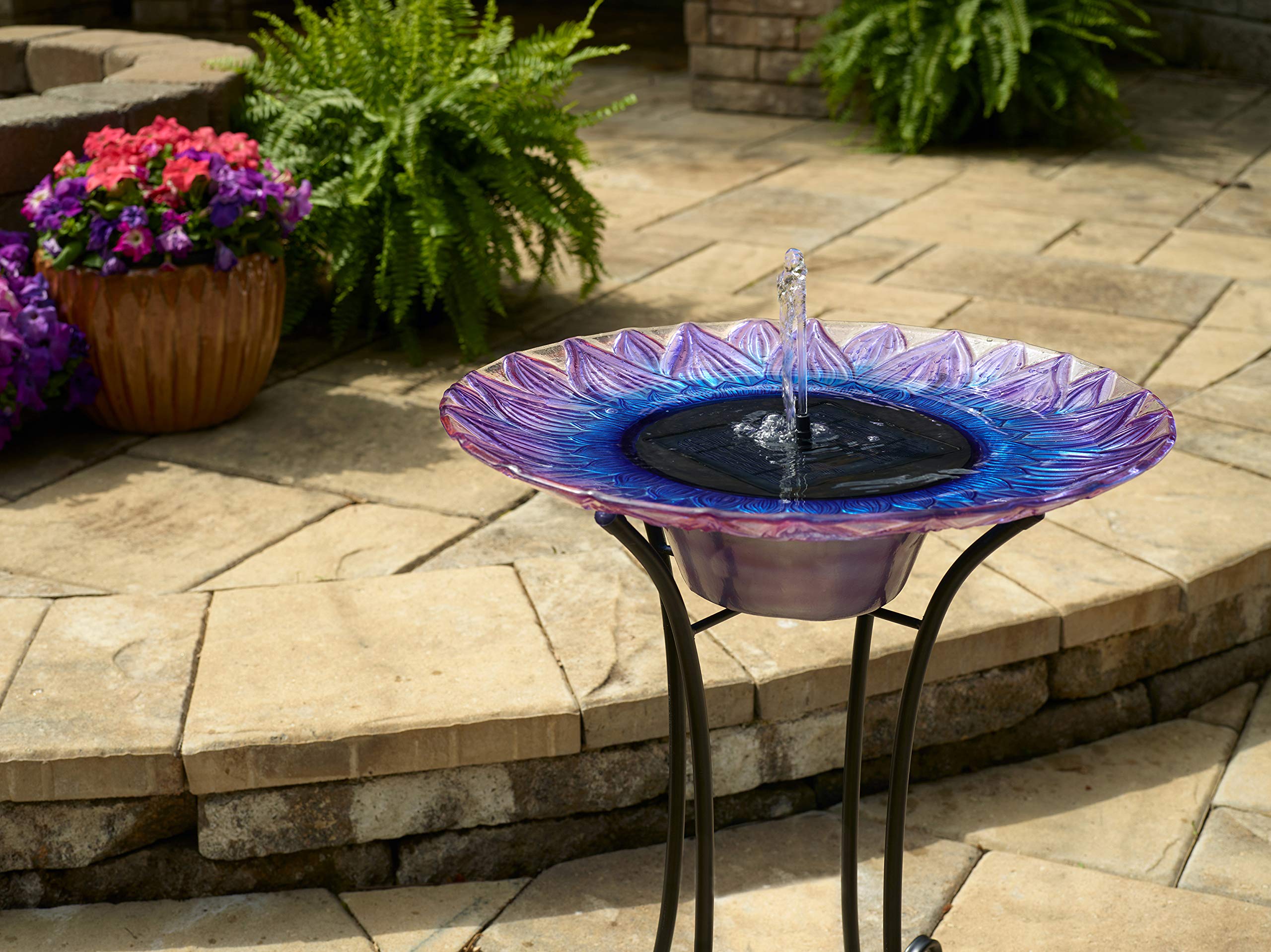Smart Solar-Powered Birdbath Fountain with Patented Solar Panel & Pump System - Hand-Painted Glass Flower Design on Metal Stand (Blue/Purple) - Perfect for Garden, Patio, Yard Decoration & Attracting Birds