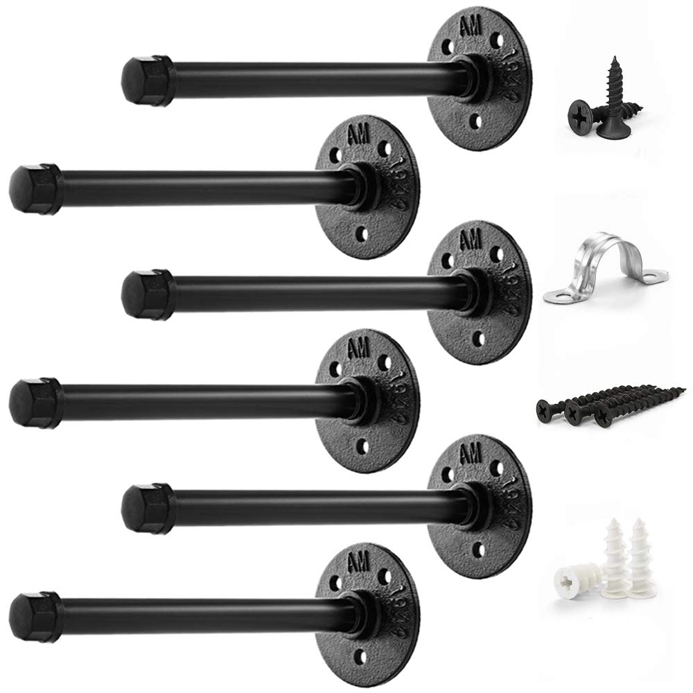 10 Pack Black Steel Pipe Brackets for Floating Shelves - Industrial Vintage Pipe Shelf Brackets DIY Kit with All Hardware (Shelf Not Included) - Perfect for Rustic Home Decor, Wall Mounted Shelving & Farmhouse Style Projects
