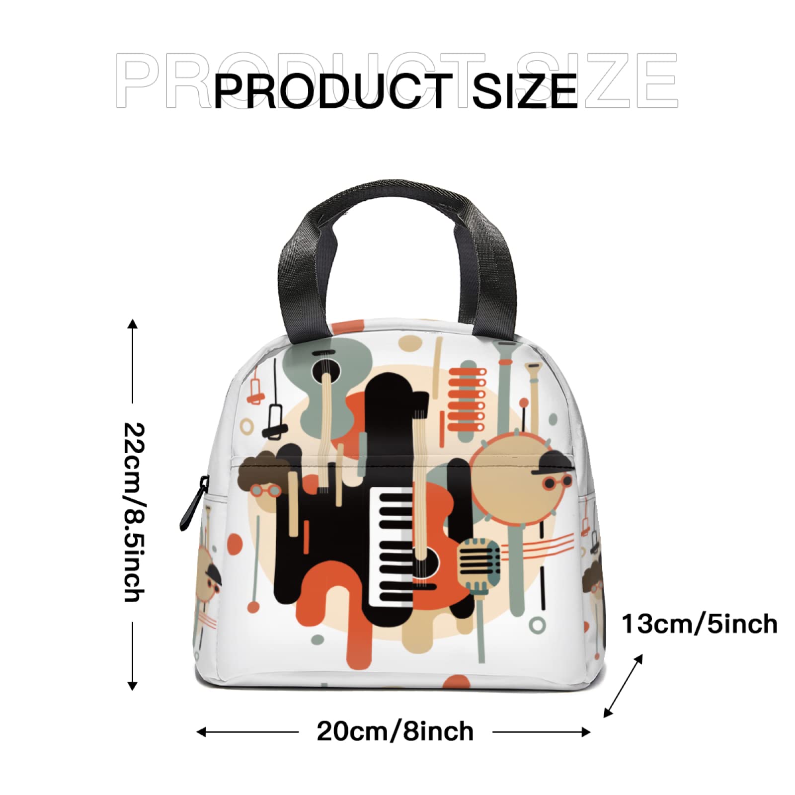 Vintage Musical Instrument Print Lunch Tote Bag - Insulated Reusable Lunch Box with Front Pocket for Women & Men | Perfect for School, Office, Picnic & Music Lovers (Piano, Guitar Design)