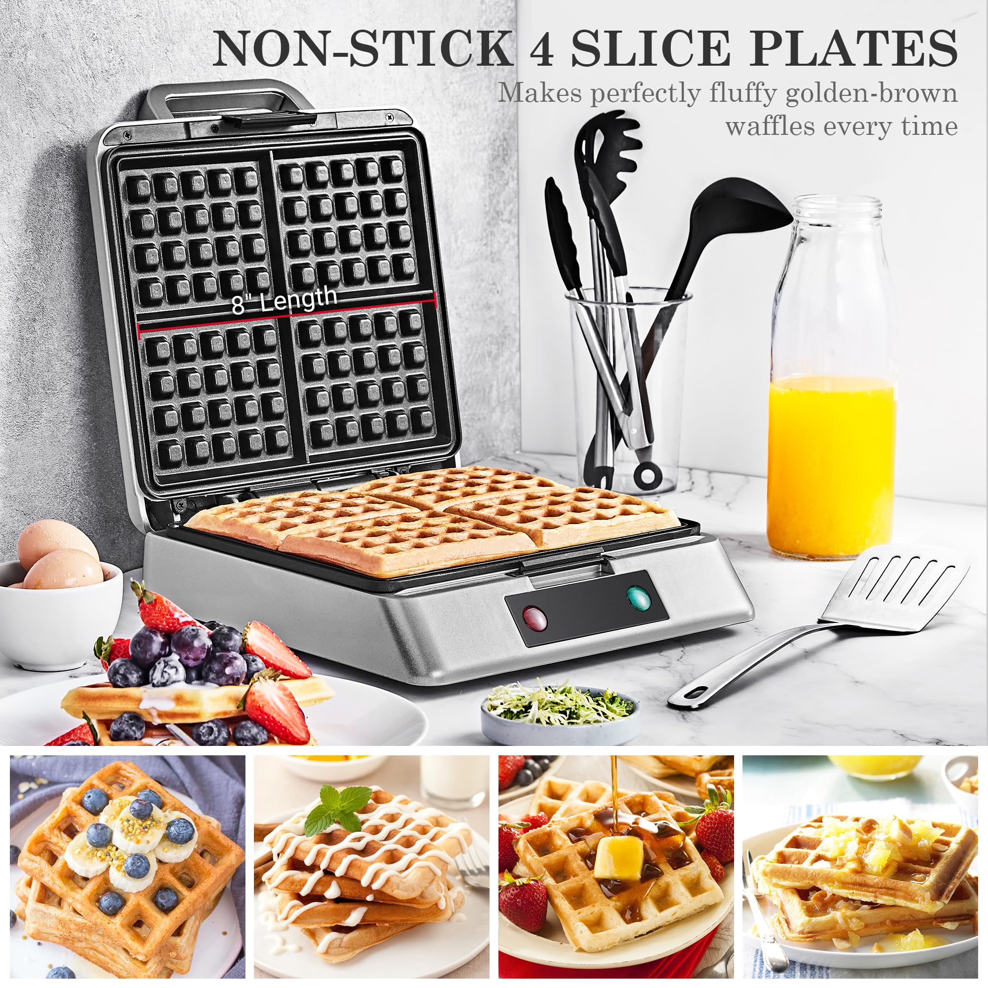 Roter Mond Belgian Waffle Maker - 4 Slice Stainless Steel Waffle Iron with Non-Stick Surface, 1300W, Silver | Perfect for Family Breakfast, Easy to Clean & Space-Saving Storage | Ideal for Home, Brunch Parties & Holiday Gatherings