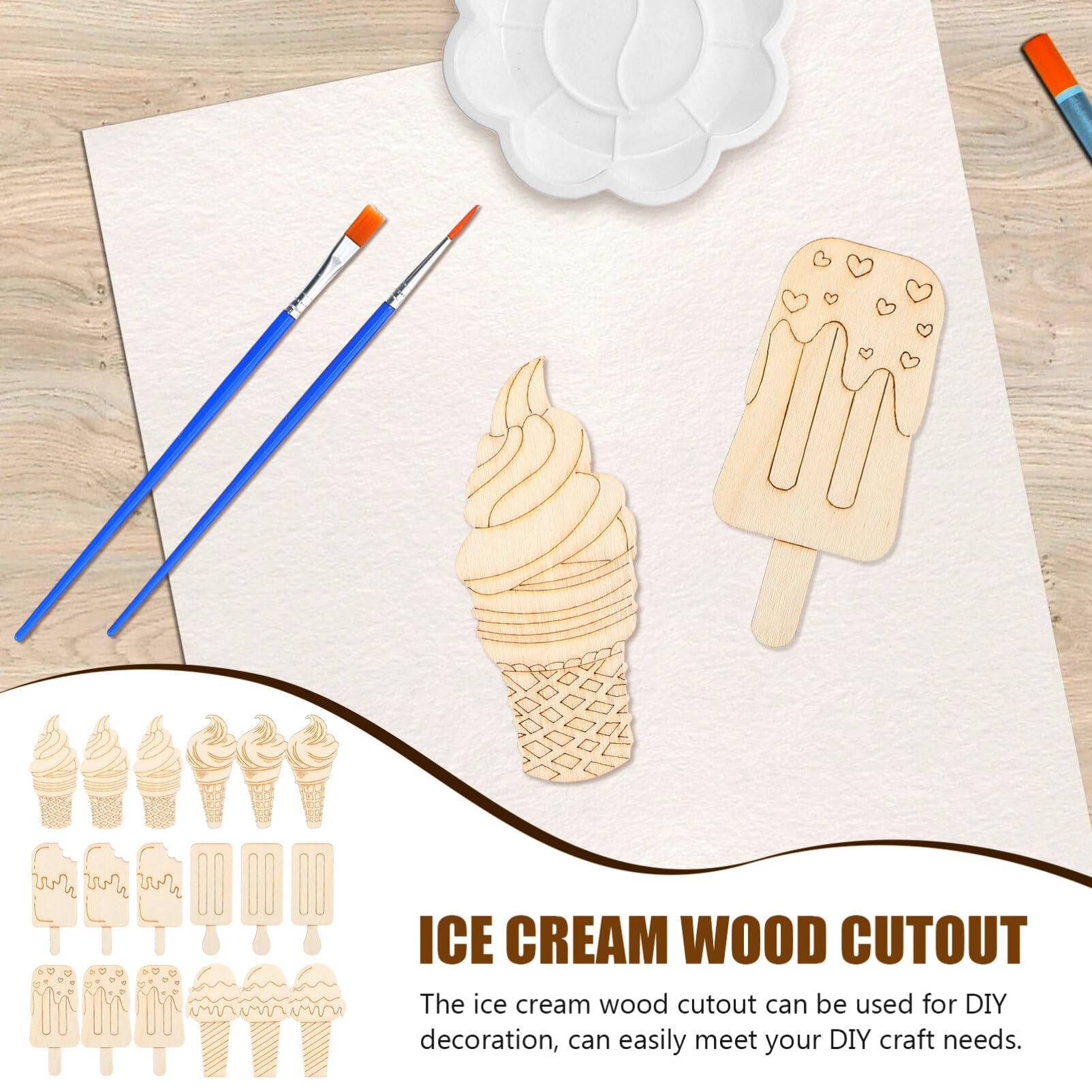 30pcs Unfinished Ice Cream Wood Cutouts for Kids Summer Crafts - DIY Art Painting, Decorations & Party Supplies - Perfect for Classroom Projects, Birthday Parties & Home Decor