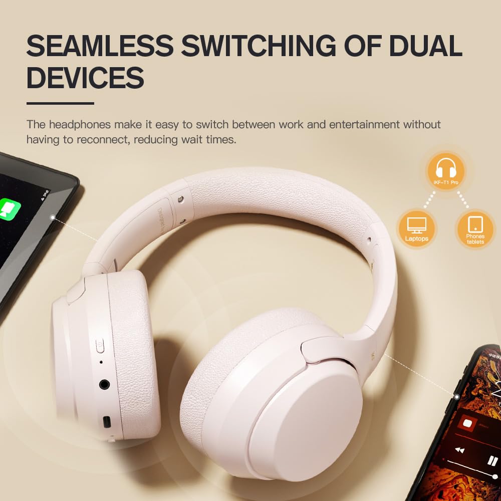 iKF T1 Pro Wireless & Wired Bluetooth Headphones with Noise Cancelling Mic, 100H Playtime, Hi-Fi Stereo Bass, Dual Device Pairing for iOS/Android - Perfect for Workouts, Commuting & Gaming (Pink)
