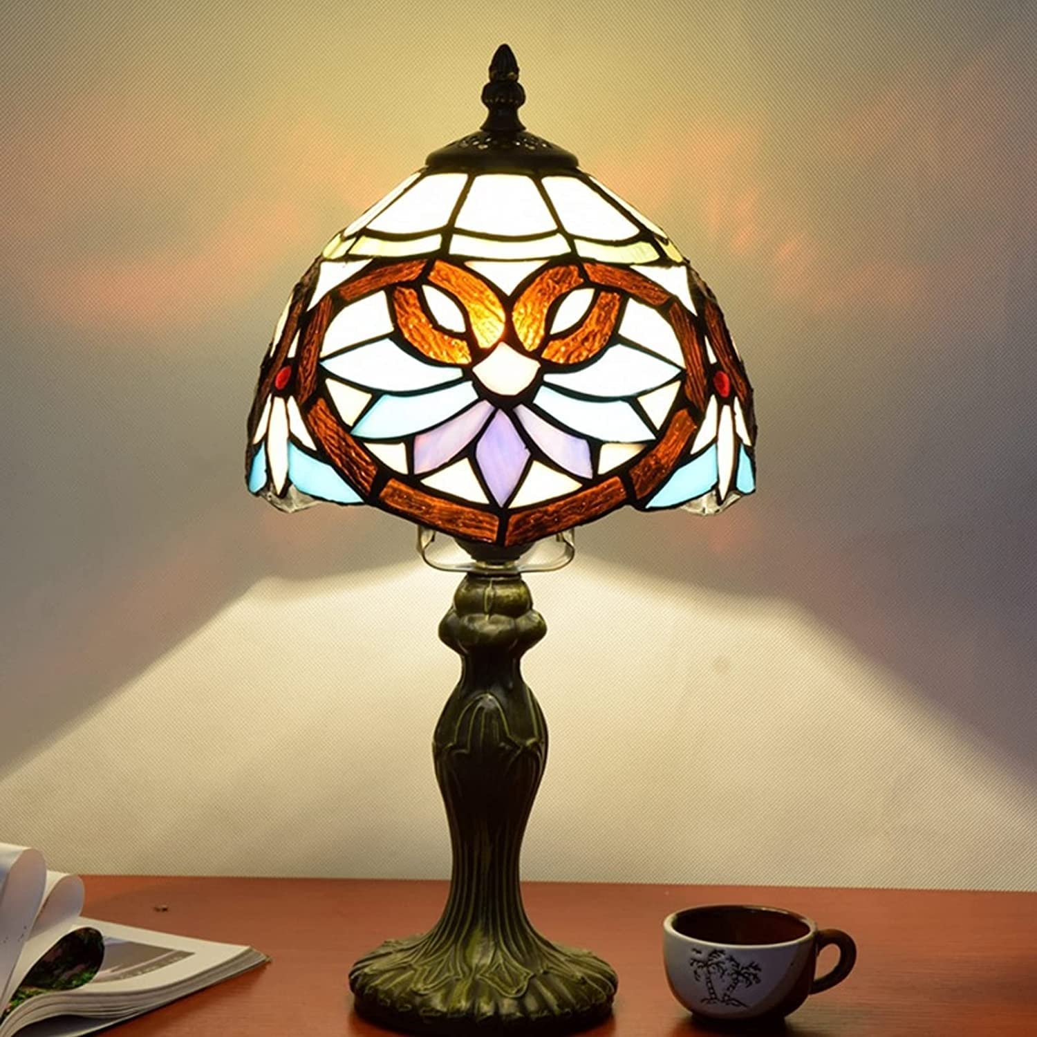 Tiffany Style Stained Glass Table Lamp - 8 Inch Baroque Desk Lamp for Living Room, Bedroom & Study | Elegant Night Light for Lounge, Minimalist Home Decor