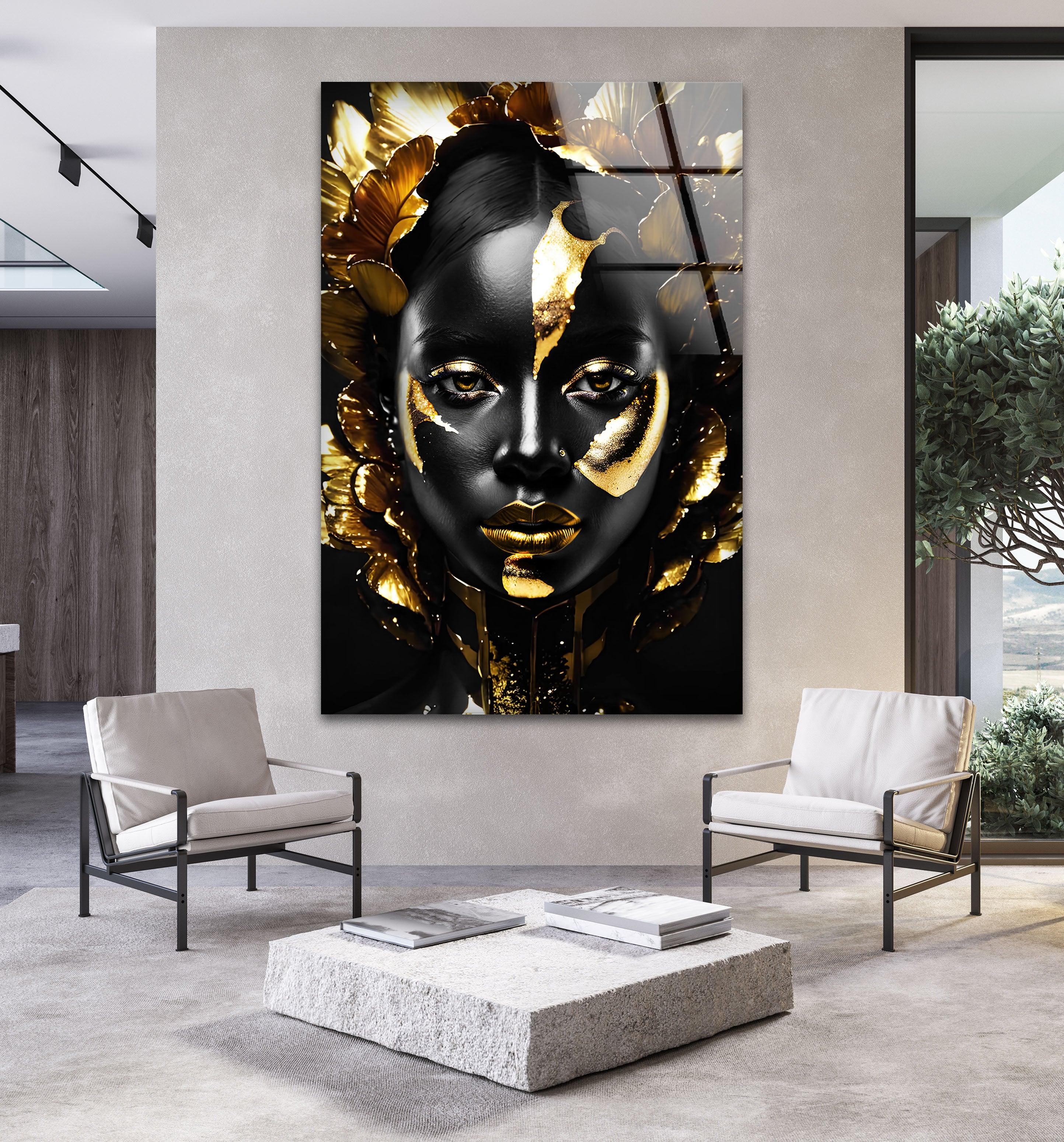 Elegant Black Woman Gold Face Glass Wall Art - Modern Home Decor for Living Room, Bedroom & Office