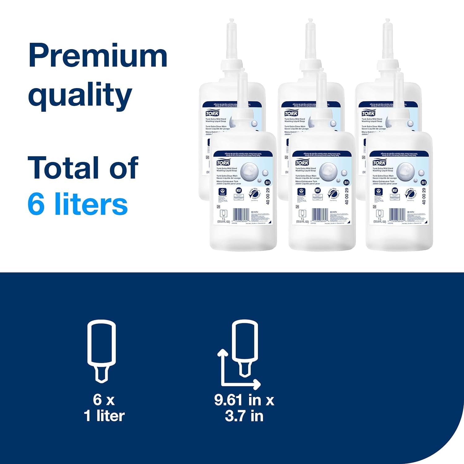Tork Extra Mild Hand Washing Liquid Soap Refill - 6 Pack (1L Each) with Free White Liquid Soap Dispenser - Gentle Skin Care for Home, Office & Public Restrooms - Ideal for Hand Hygiene & Sanitizer Use