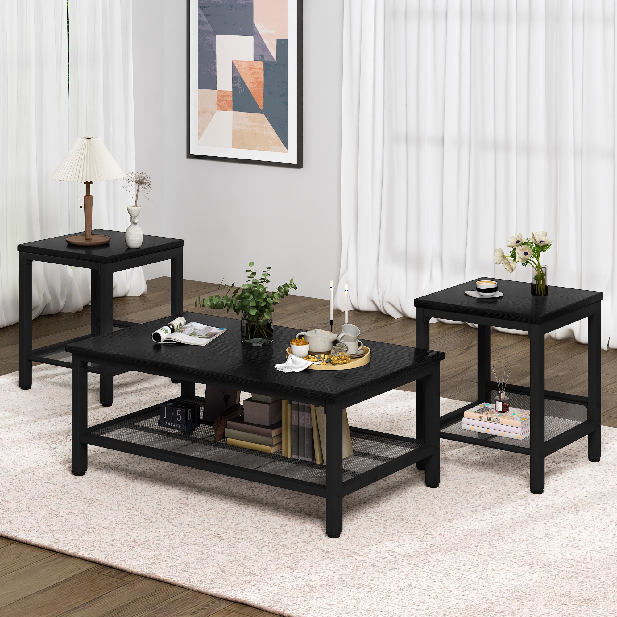 Lamerge 3-Piece Industrial Coffee Table Set with Metal Frame - Black Modern Living Room Tables for Apartment, Home Office | Includes 1 Coffee Table & 2 Square End Tables | Perfect for Small Spaces, TV Lounging & Entertaining Guests