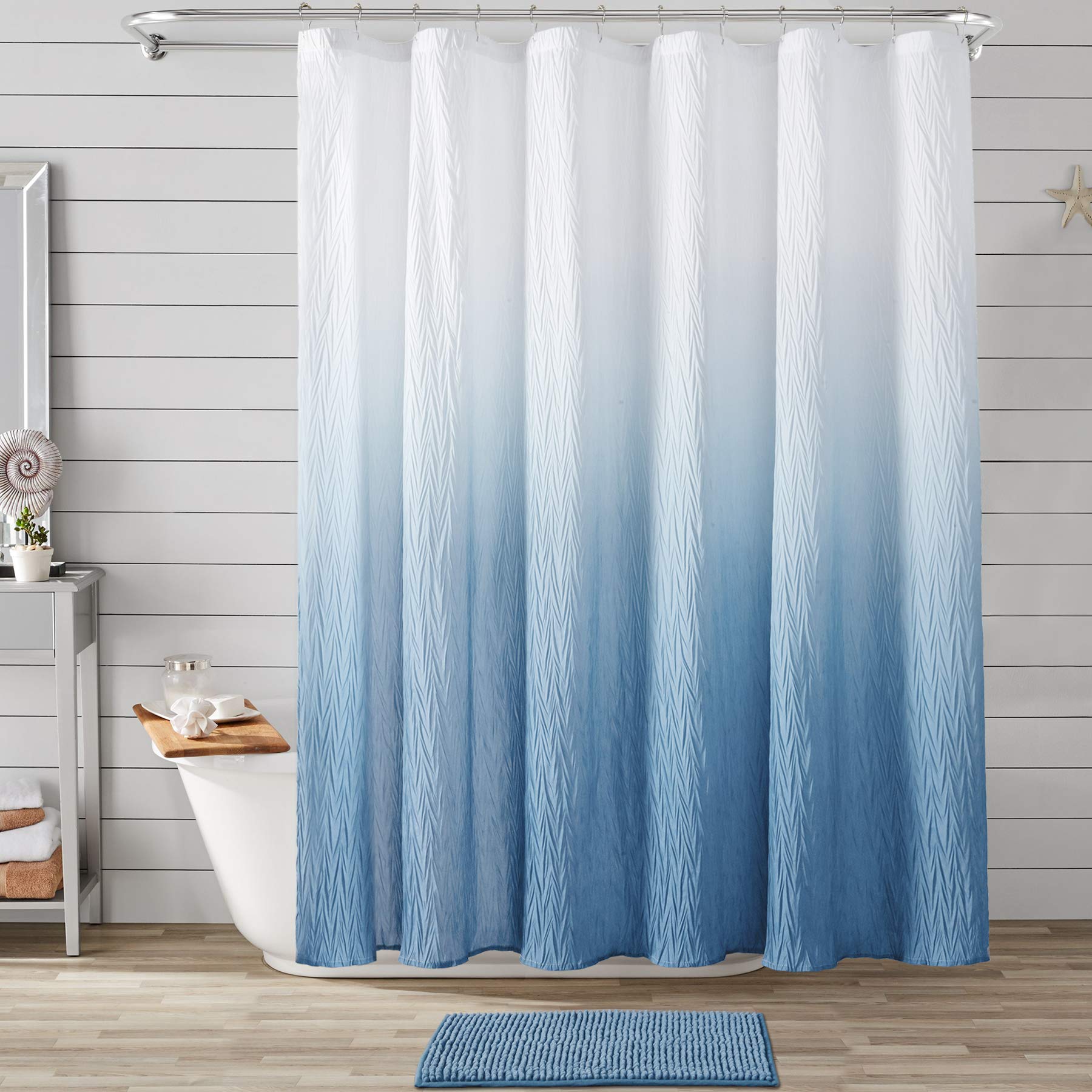 JSLOVE Waterproof Ombre Blue Shower Curtain Set with Bath Mat & 12 Hooks - 72x72 Inch Fabric Bathroom Decor for Modern & Vintage Style Homes - Perfect for Spa-Like Showers, Guest Bathrooms & Dorm Essentials