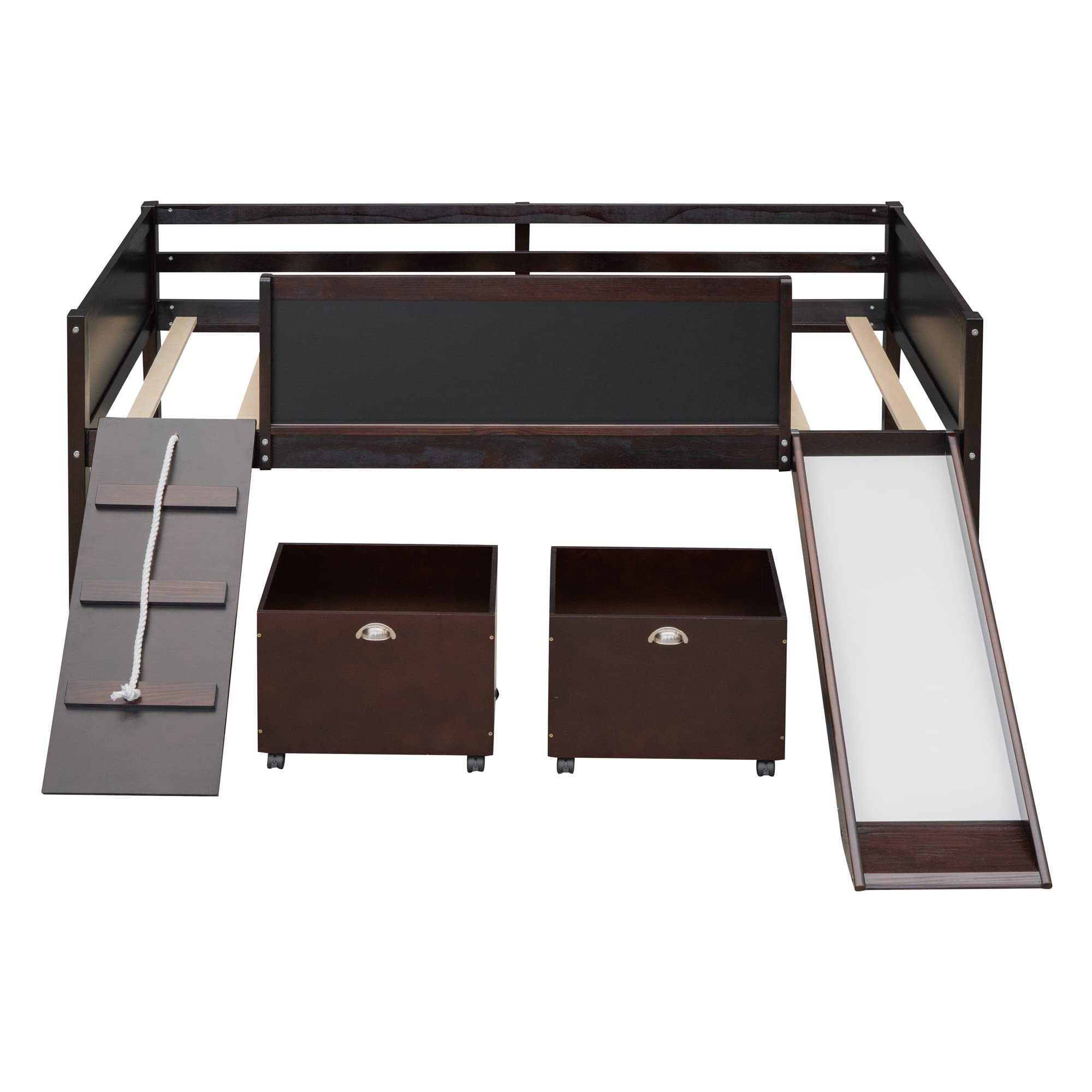 **Kids Loft Beds with Slide & Storage - Twin Low Loft Bed Frame with Climbing Ladder, Chalkboard & Storage Boxes - Modern Multifunctional Loft Bed for Boys & Girls - Espresso Finish - Perfect for Small Bedrooms, Playrooms & Kids' Dorm Decor**