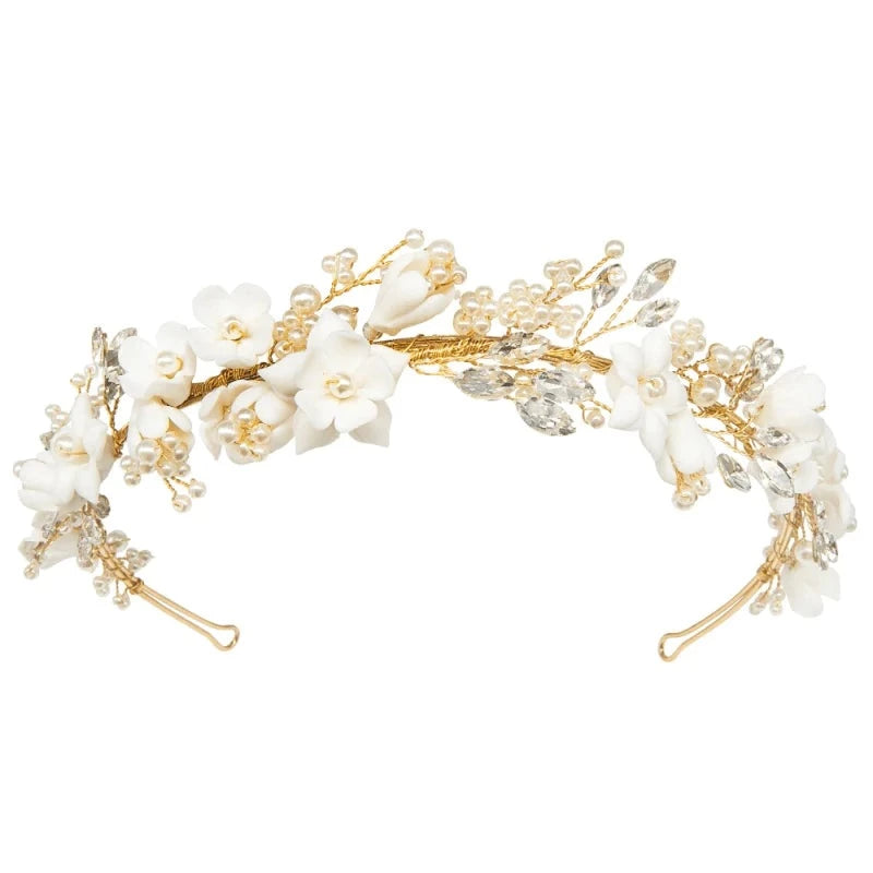 Elegant Gold Floral Wedding Headband with Swarovski Crystals & Freshwater Pearls - Vintage Bridal Hair Accessory for Wedding, Prom, Quinceañera & Special Occasions