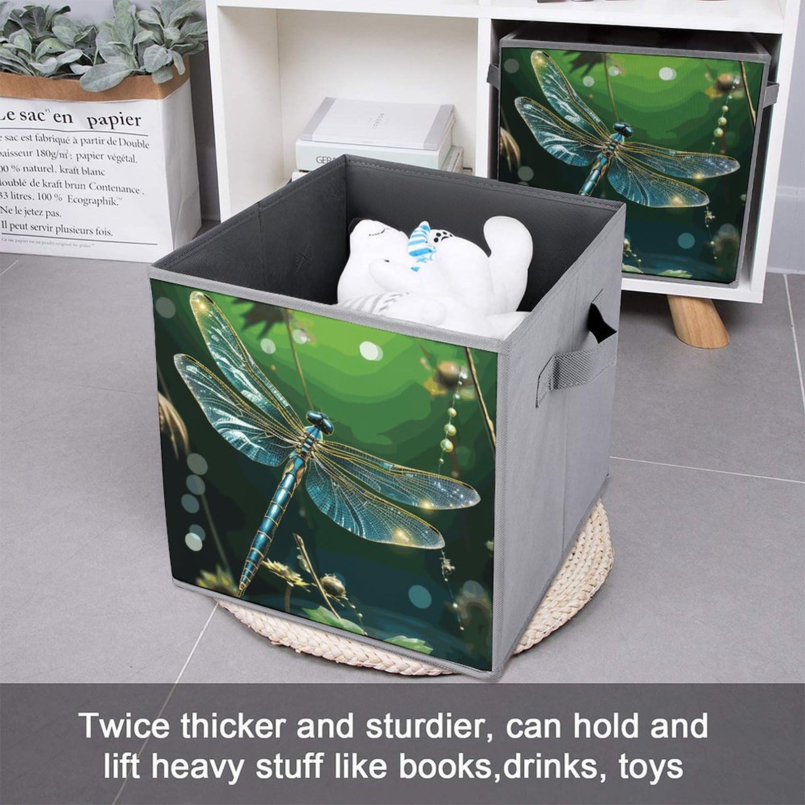 6-Piece Collapsible Storage Bins with Handles - Dragonfly Green Printed Foldable Organizing Baskets for Shelves, Closet, Kitchen & Home Organization - Space Saving Storage Containers for Toys, Books, Laundry & Household Items