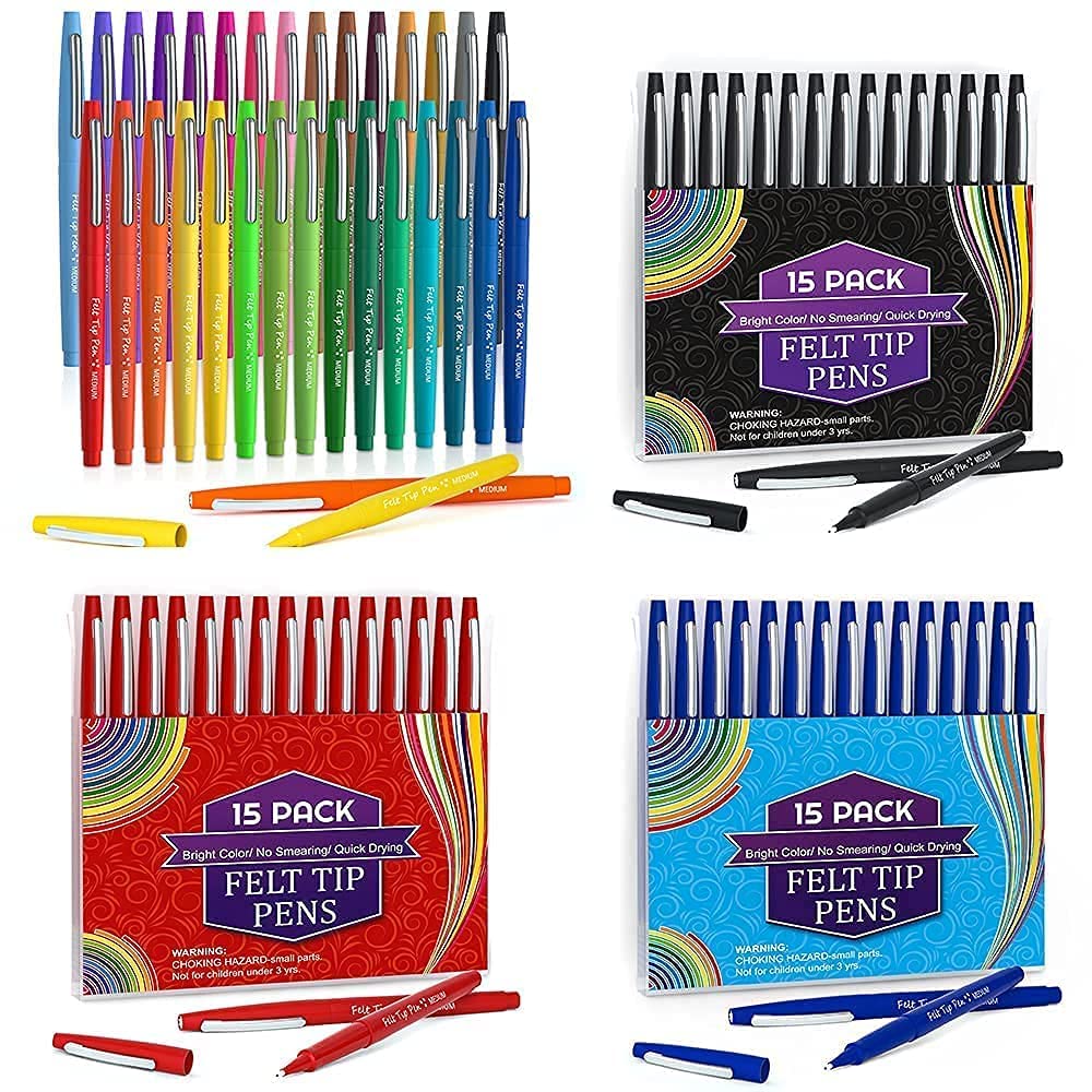 Lelix 30-Color Felt Tip Pens Set - 15 Black, 15 Blue, 15 Red Medium Point Markers for Journaling, Writing & Note Taking | Vibrant Planner Coloring Pens | Ideal for Art Projects, Office Work & School Supplies | Perfect Gift for Students & Artists