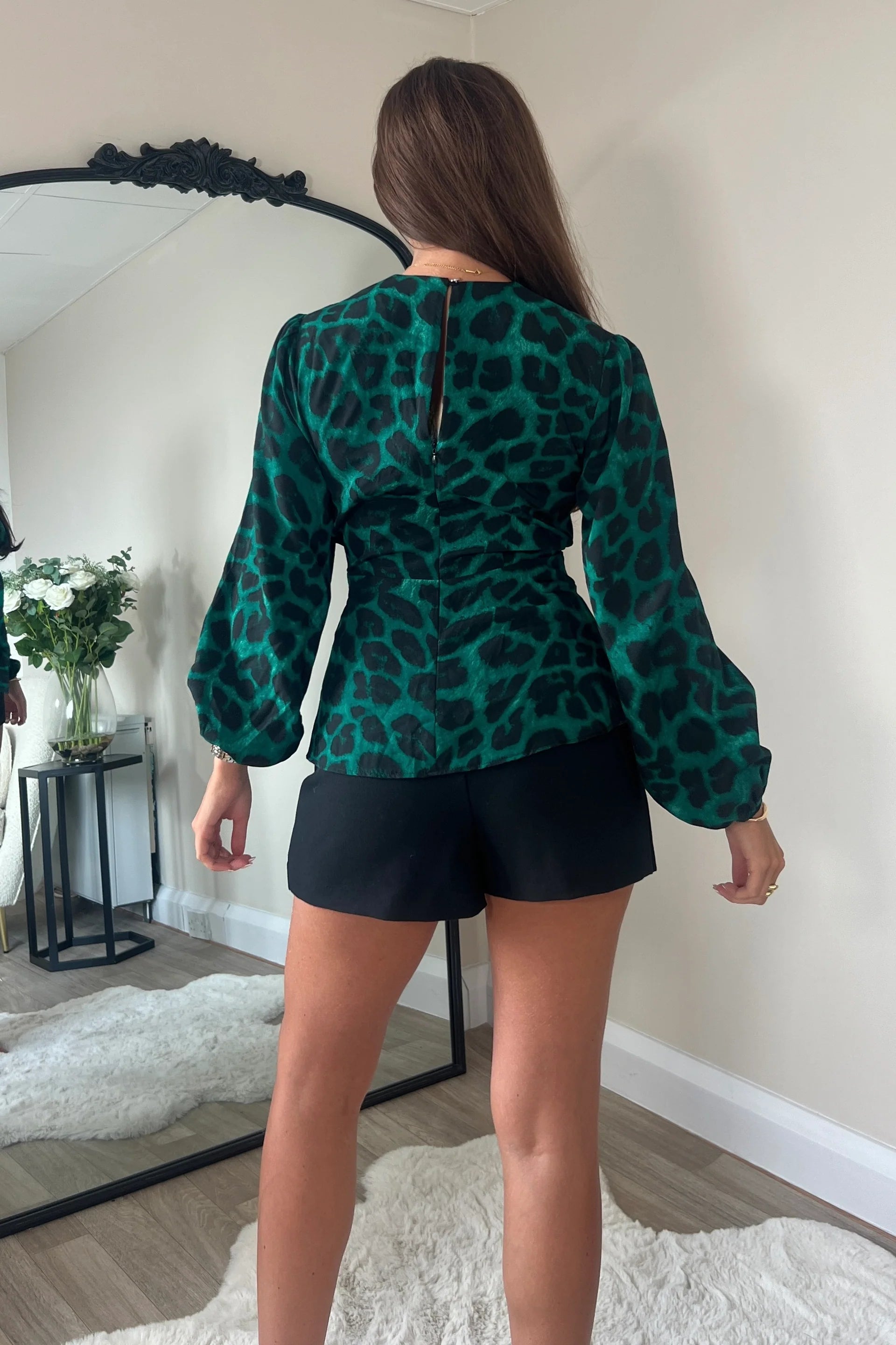 Brook Tie Front Top for Women - Green Animal Print Blouse, Casual & Elegant Style for Office, Date Night, and Summer Outfits