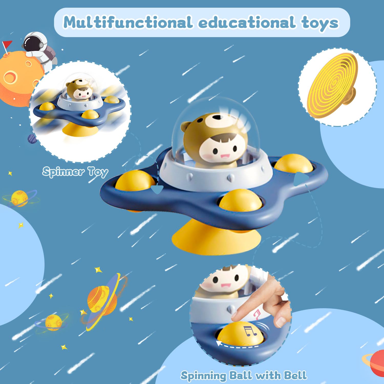 3Pcs Baby Suction Cup Spinner Toy - Bath & Travel Sensory Toys for 1-2 Year Olds - Window Play for Toddlers
