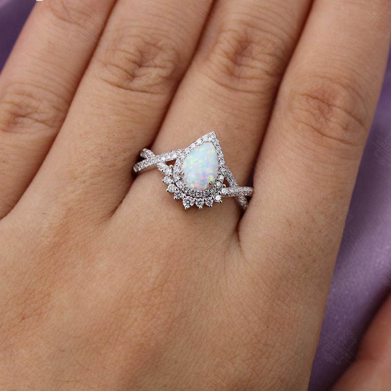 Vintage Opal Diamond Engagement Ring Set - 14K White Gold Pear Shaped Wedding Band for Women - Perfect for Proposals, Anniversaries & Bridal Jewelry