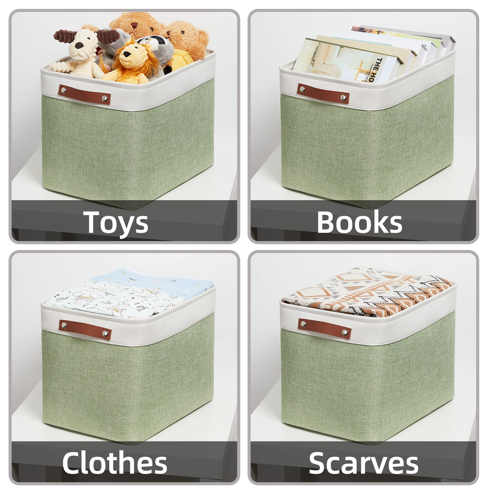HNZIGE Large Fabric Storage Baskets with Leather Handles - 2 Pack Foldable Decorative Organizer Bins for Shelves, Toys, Closet & Home Organization (Green, 16