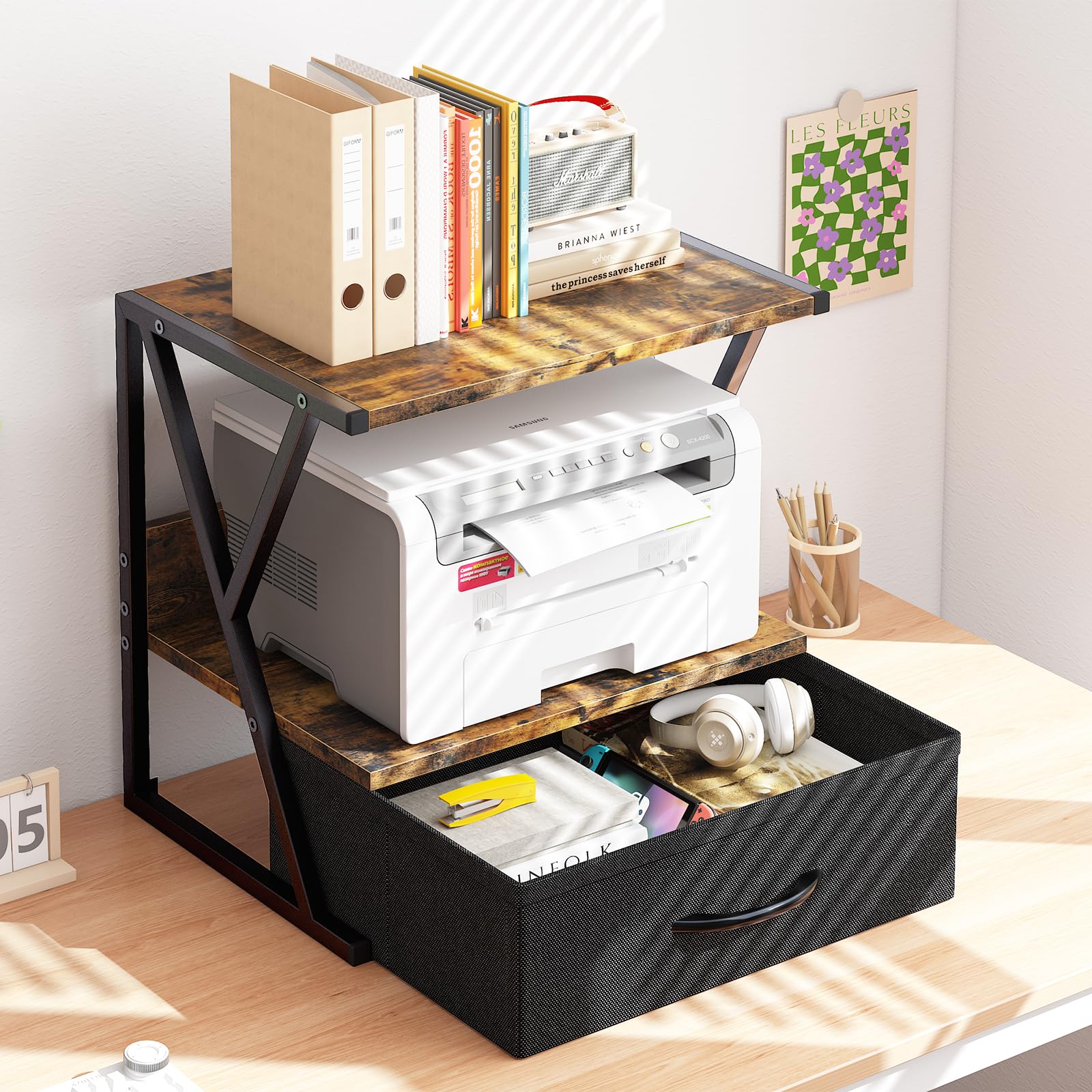 aboxoo 2-Tier Printer Stand with Storage Drawer - Rustic Brown Desk Organizer for Fax Machine, 3D Printer & Scanner - Space-Saving Home Office Solution for Under Desk or Desktop Use